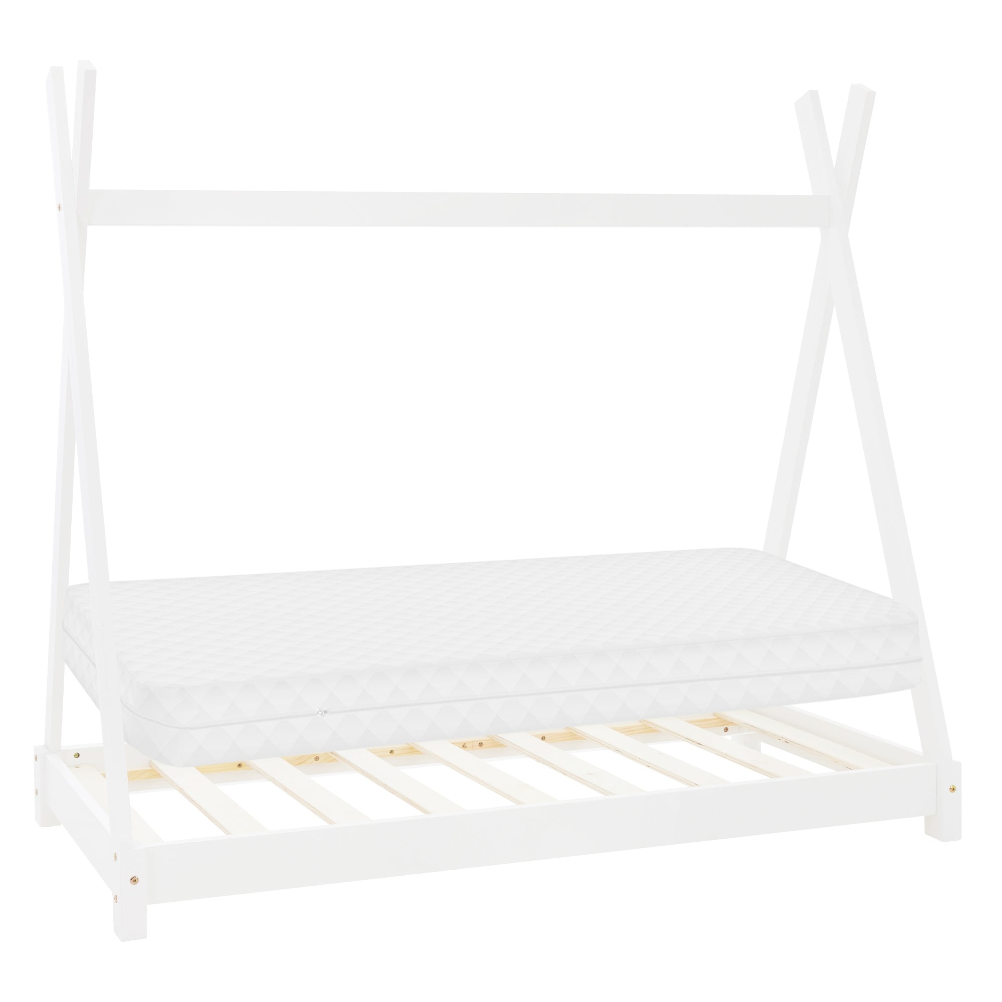 Un lit pour enfant simple et blanc de style tente sans matelas.