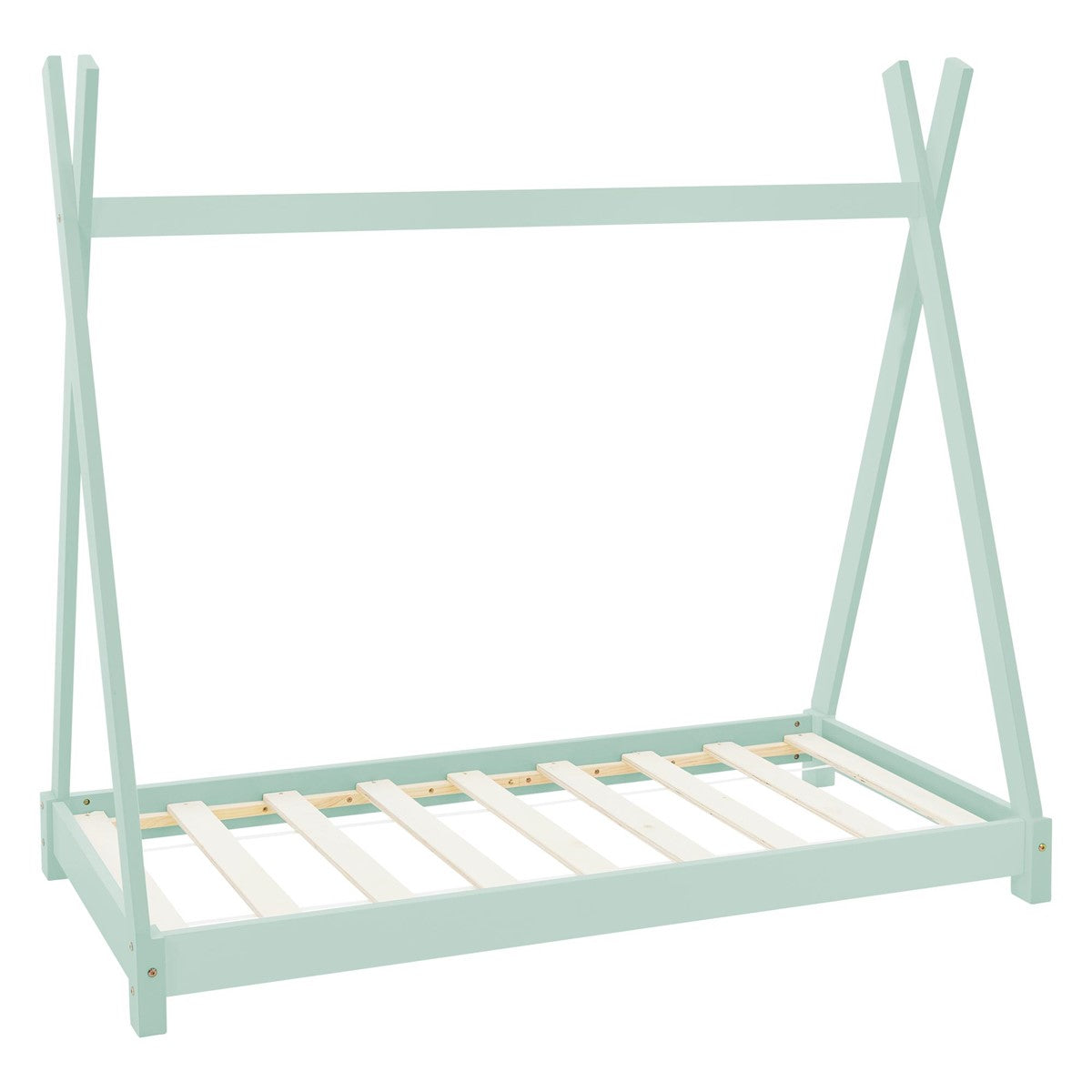 Rosa Kinderbett aus Holz mit Matratze und Lattensystem.