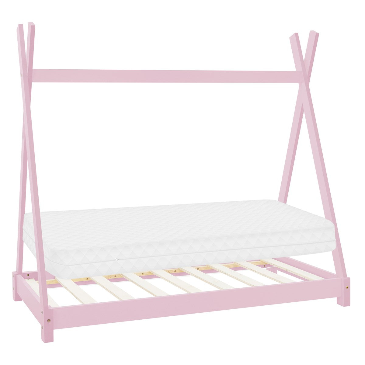 Rosa Kinderbett mit Zeltstruktur und Matratze.