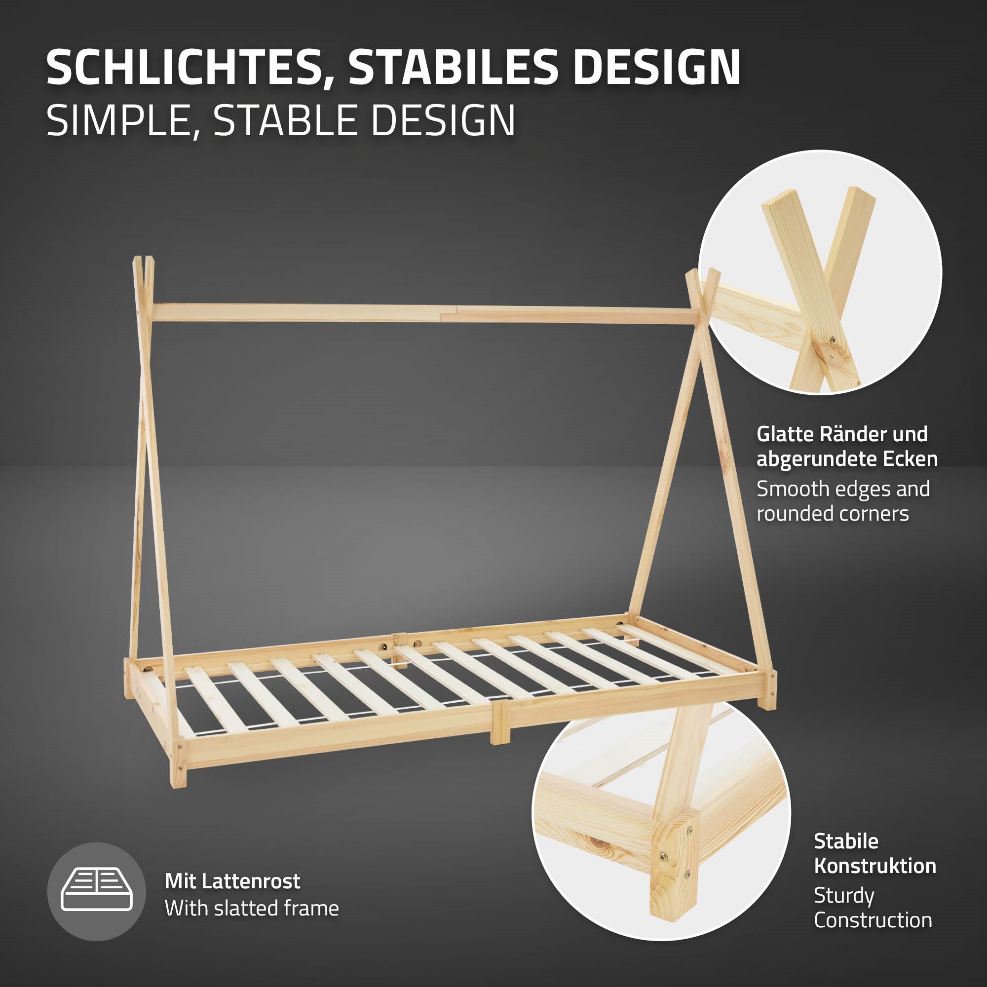Holzrahmenbett mit stabiler Konstruktion und abgerundeten Ecken.