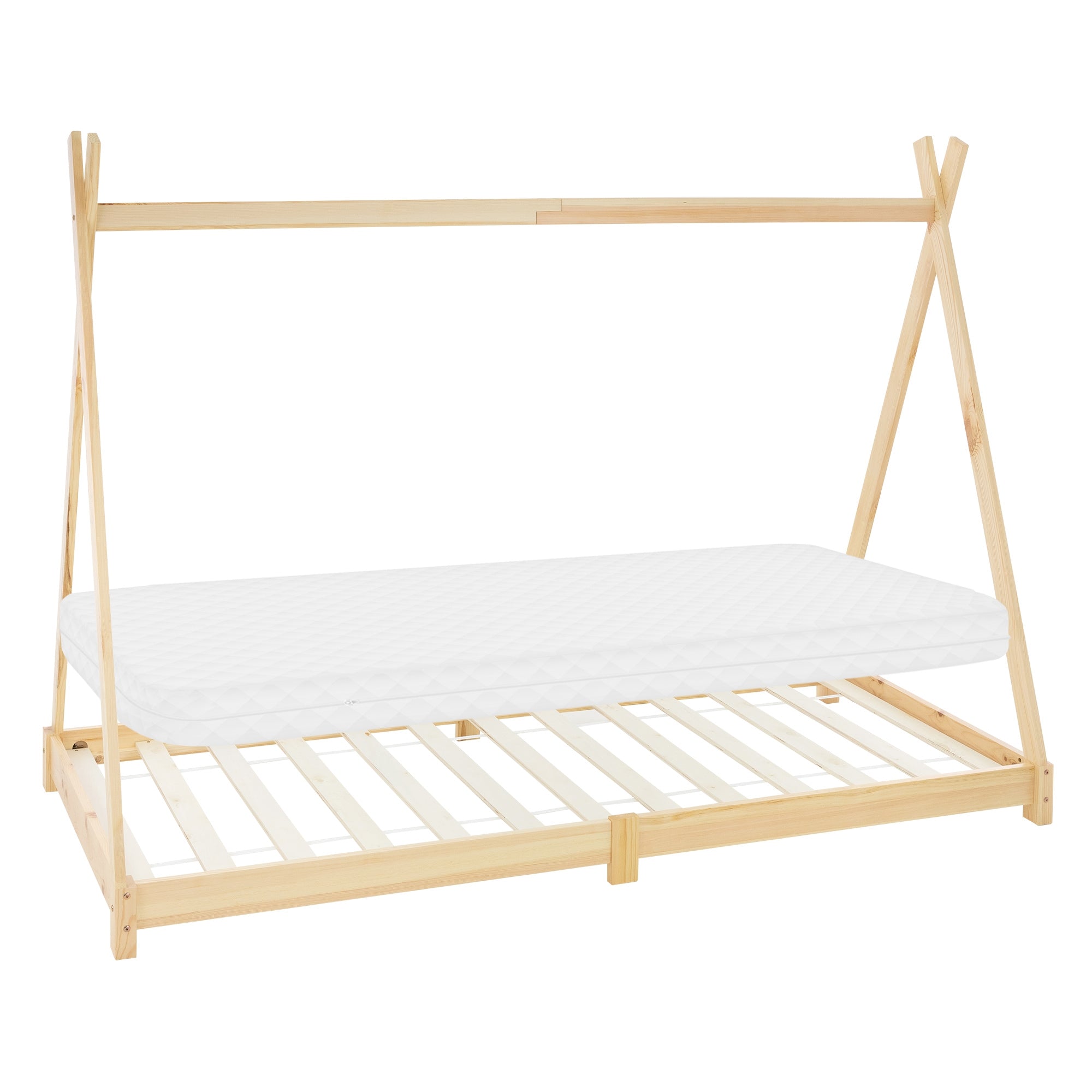 Holzgestell für ein Kinderbett mit Matratze und Lattenrost.