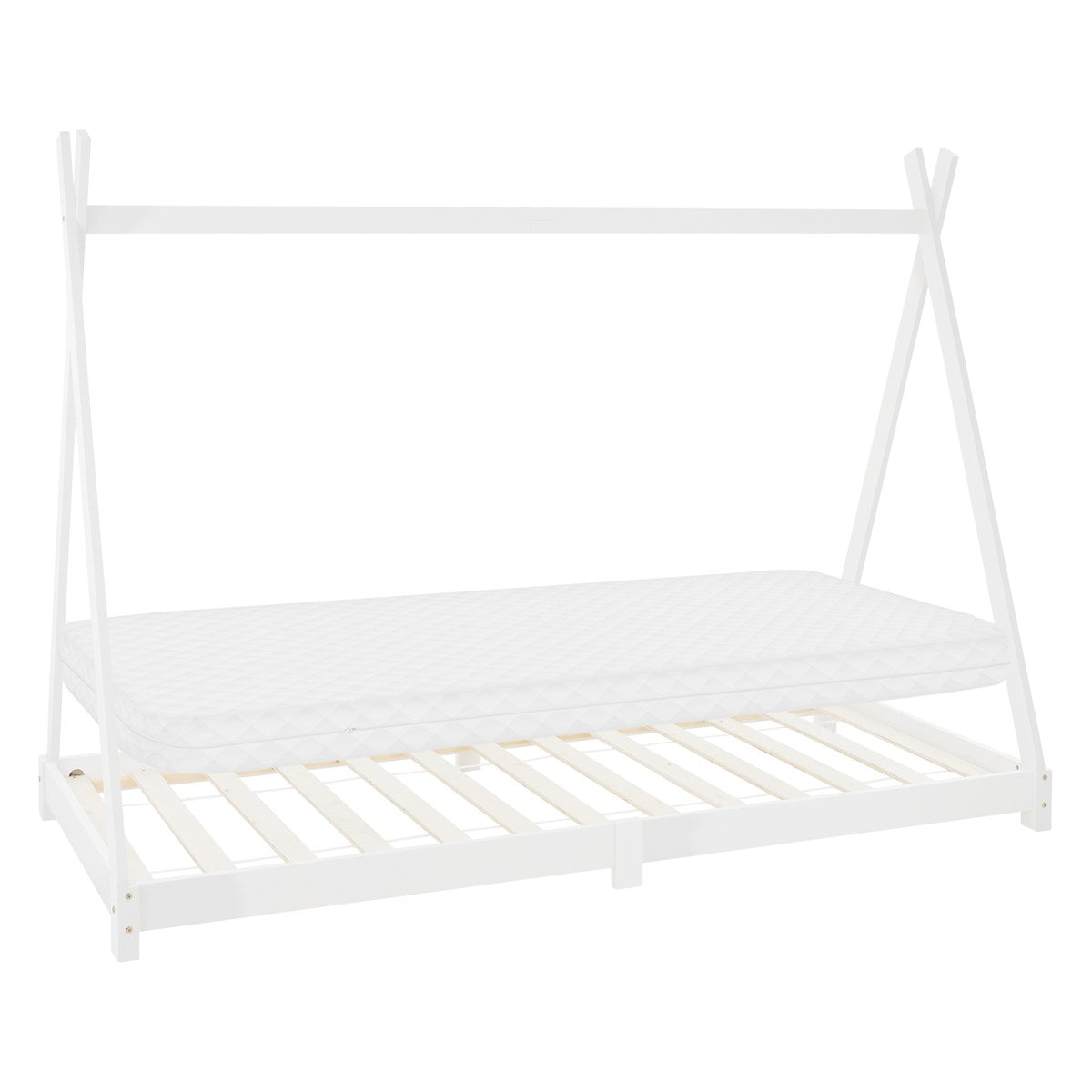 Weißes Bettgestell mit Matratze und slatted frame.