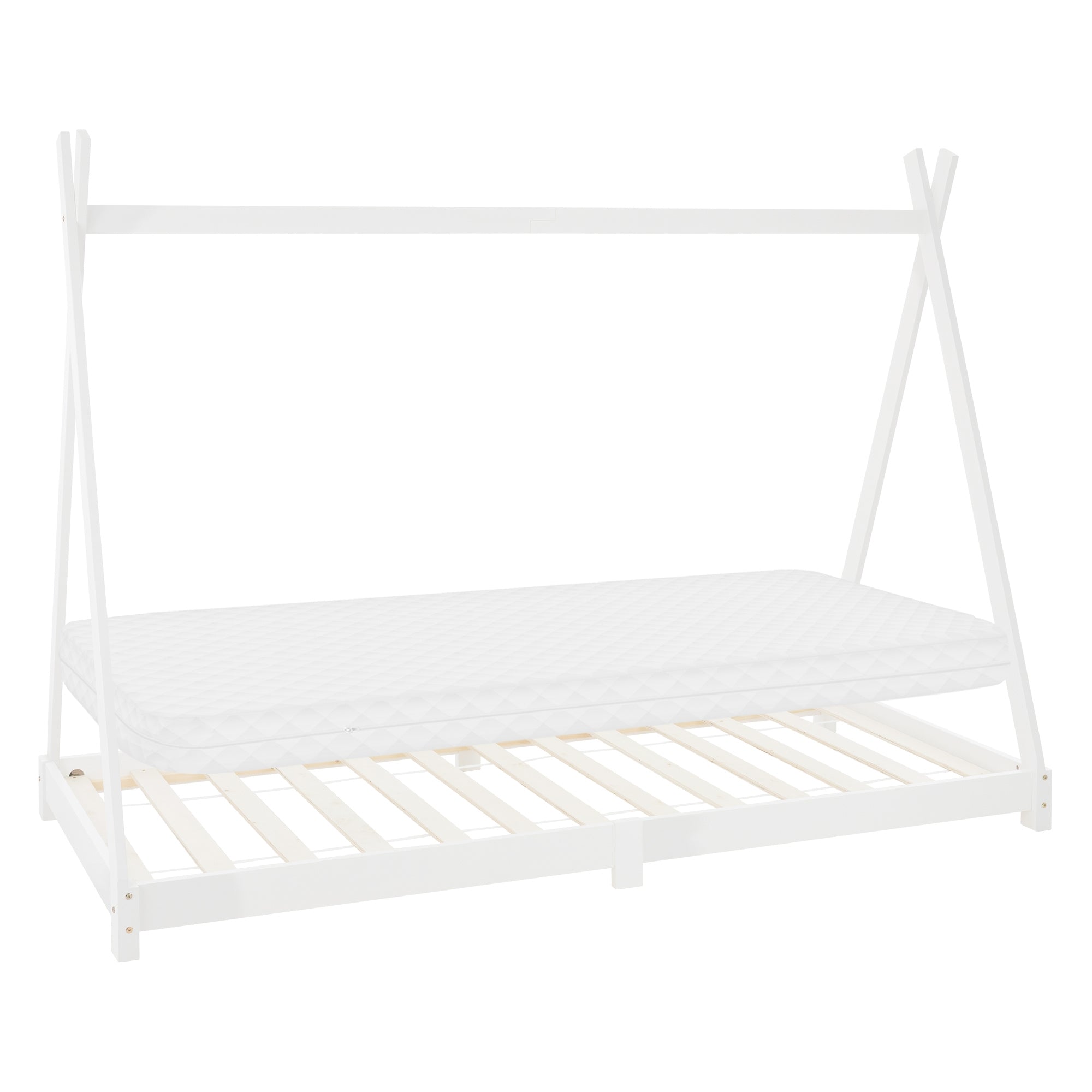 Weißes Bettgestell mit Matratze und slatted frame.