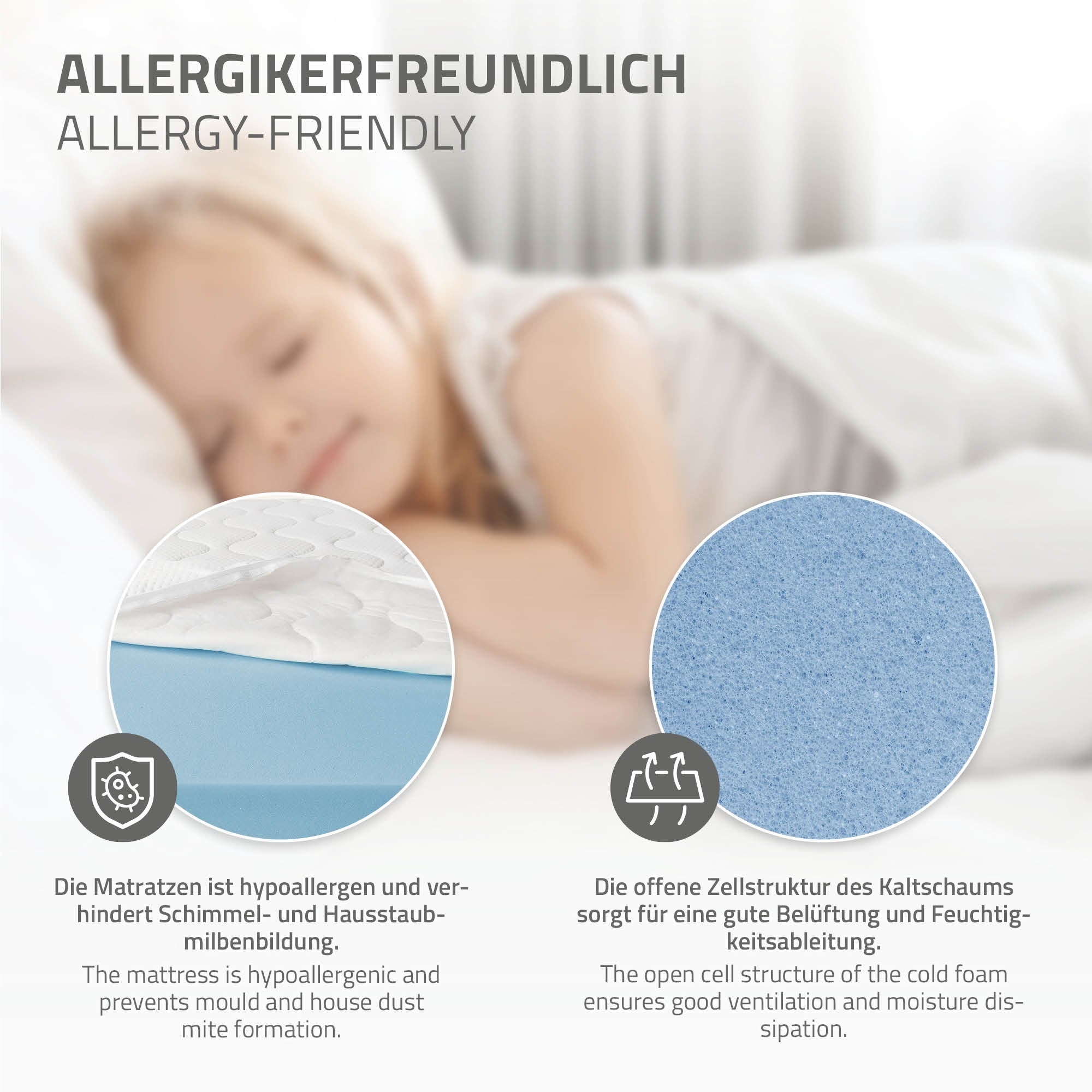 Hypoallergene Kaltschaummatratze mit offener Zellstruktur.