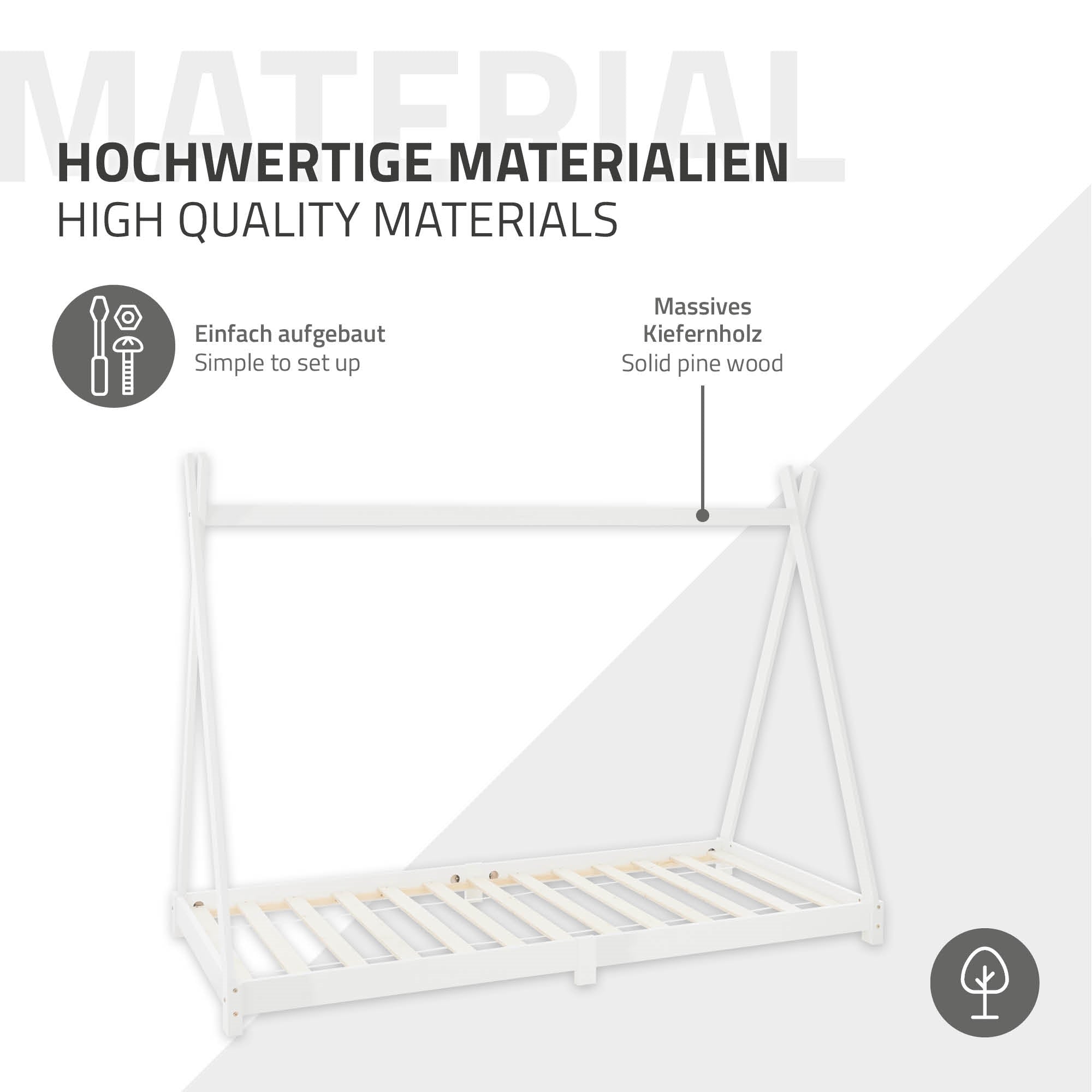 Holzrahmenbett mit Lattenrost, ohne Matratze, in weiß.