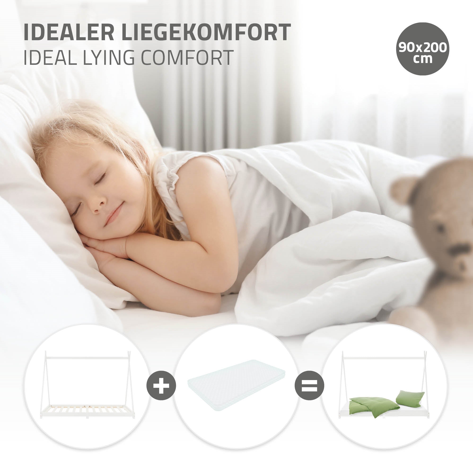 Mädchen schläft im Bett mit Matratze und Kissen, Spielzeug sichtbar.