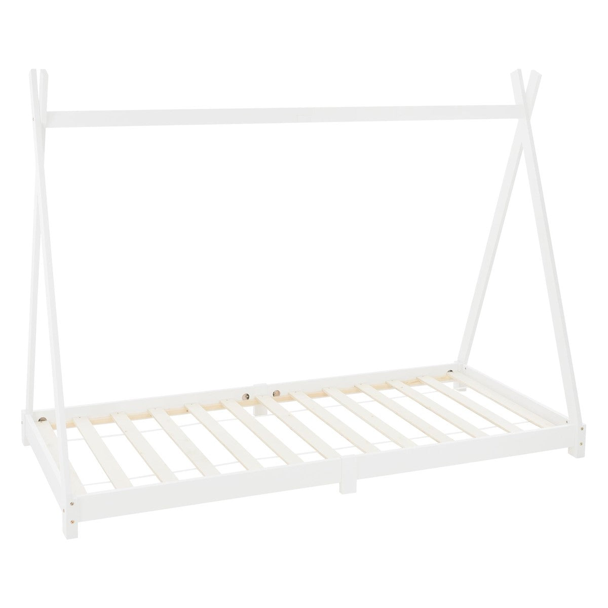 Weißes Bettgestell in Zeltform mit Holzlatten.