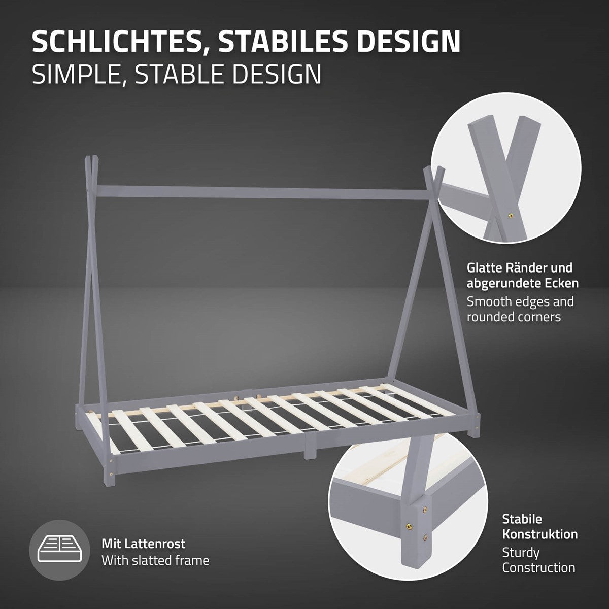Letto per bambini in legno grigio con rete a doghe e struttura robusta.