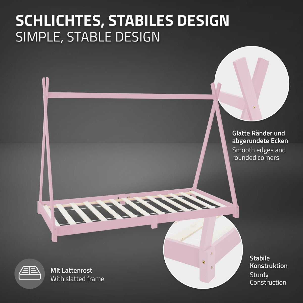 Estrutura de cama em madeira com design simples e robusto e estrado de ripas.