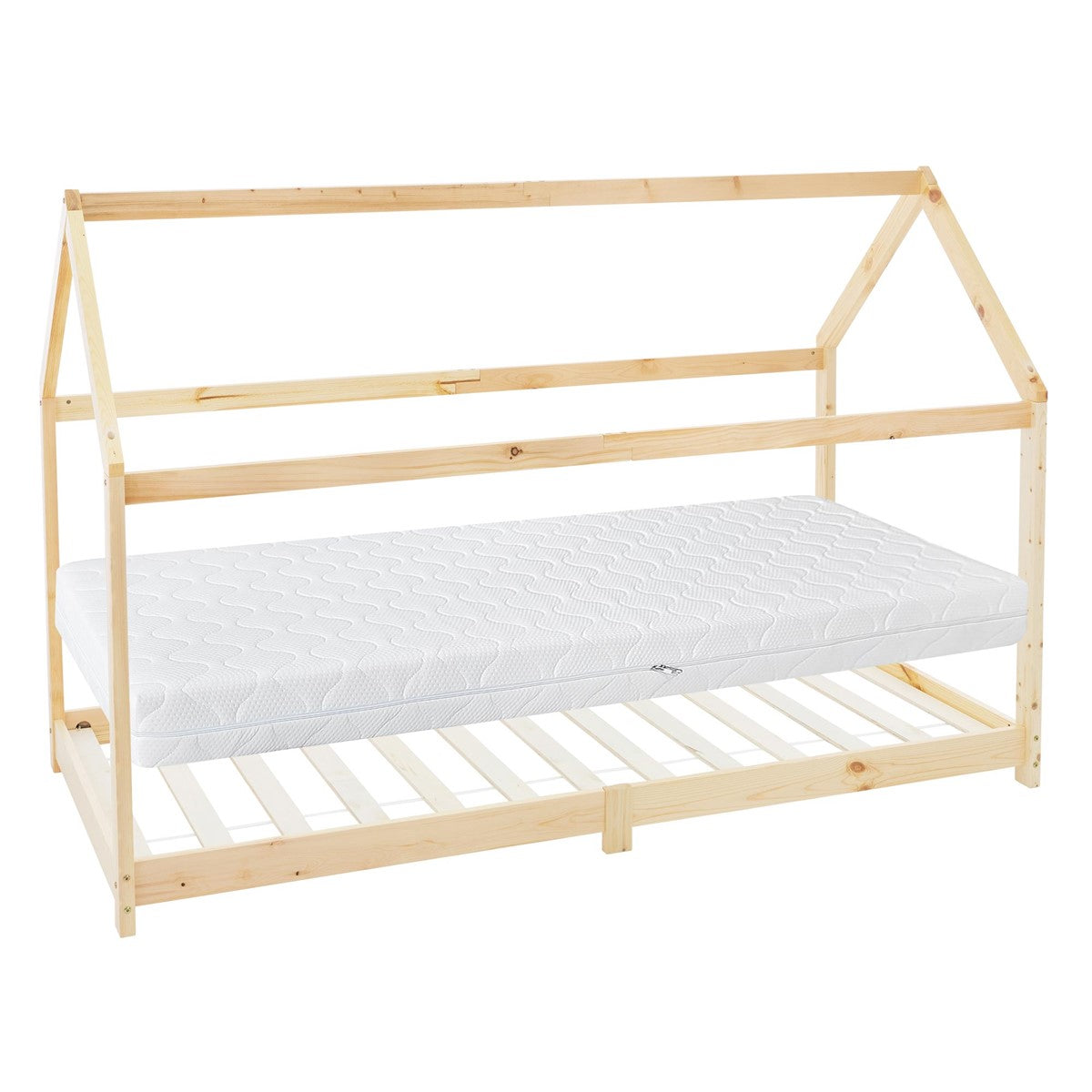 Ein Holzrahmenbett mit einer Matratze ohne Bettwäsche.