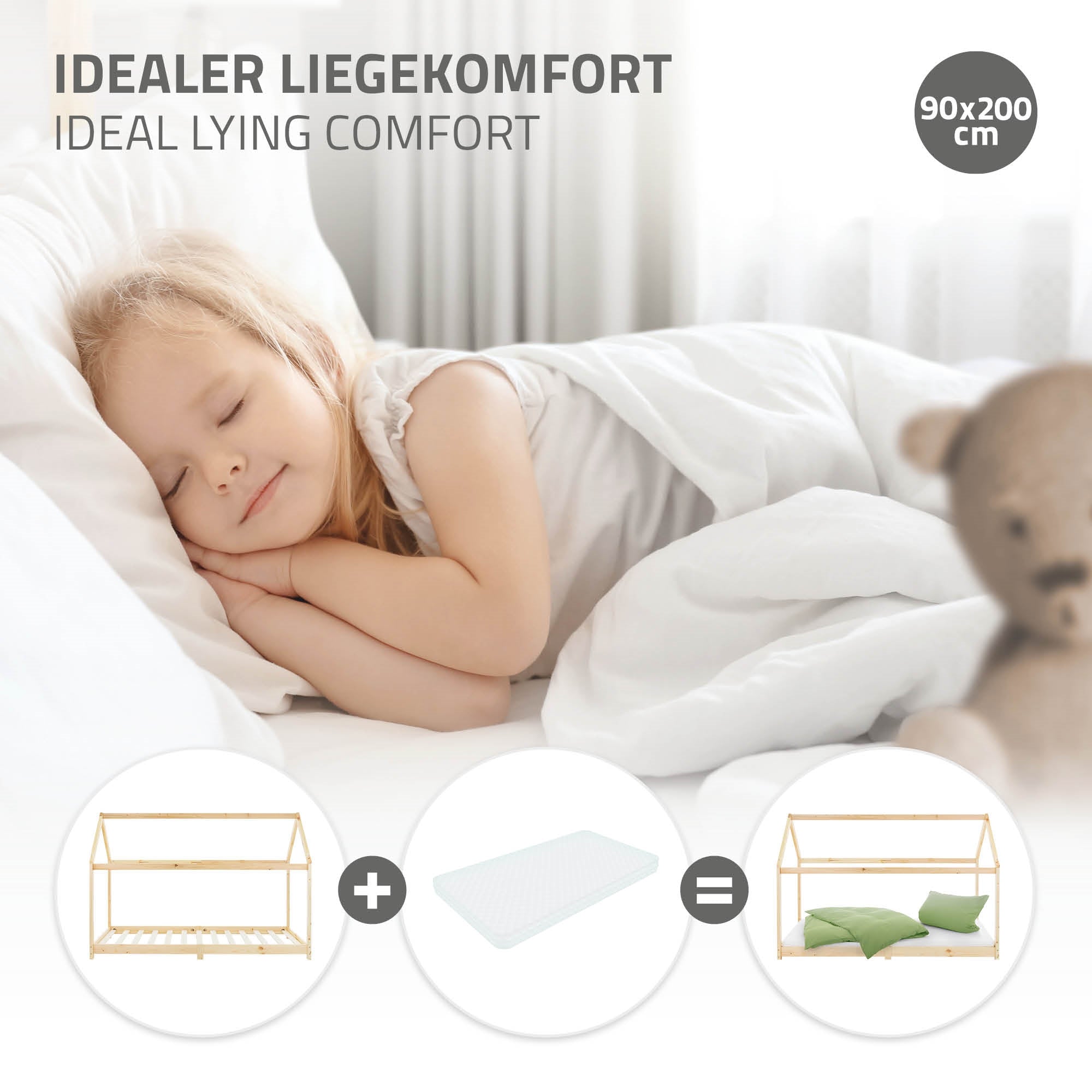 Ein schlafendes Kind auf einem Bett mit Kissen und Decke.