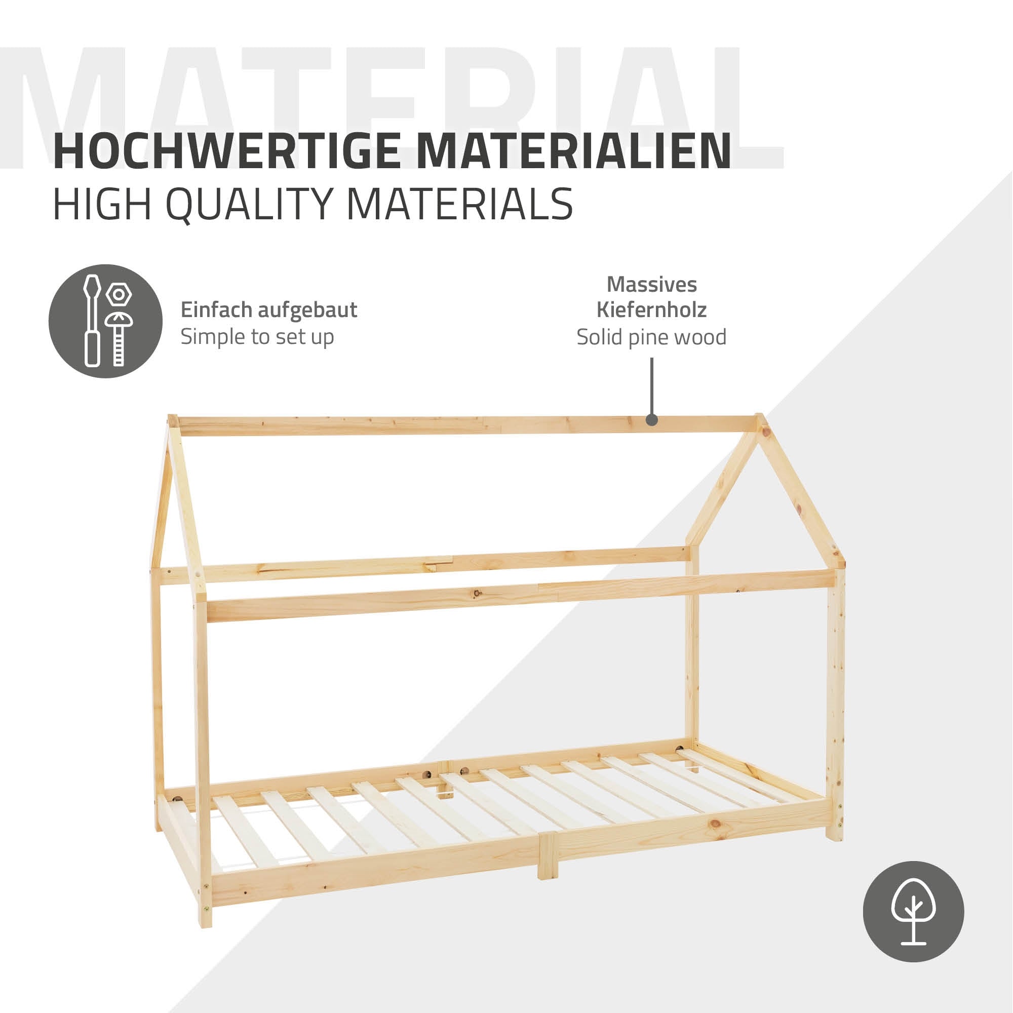 Grafik eines Holzbettes in Hausform, mit Hinweis auf hochwertige Materialien.