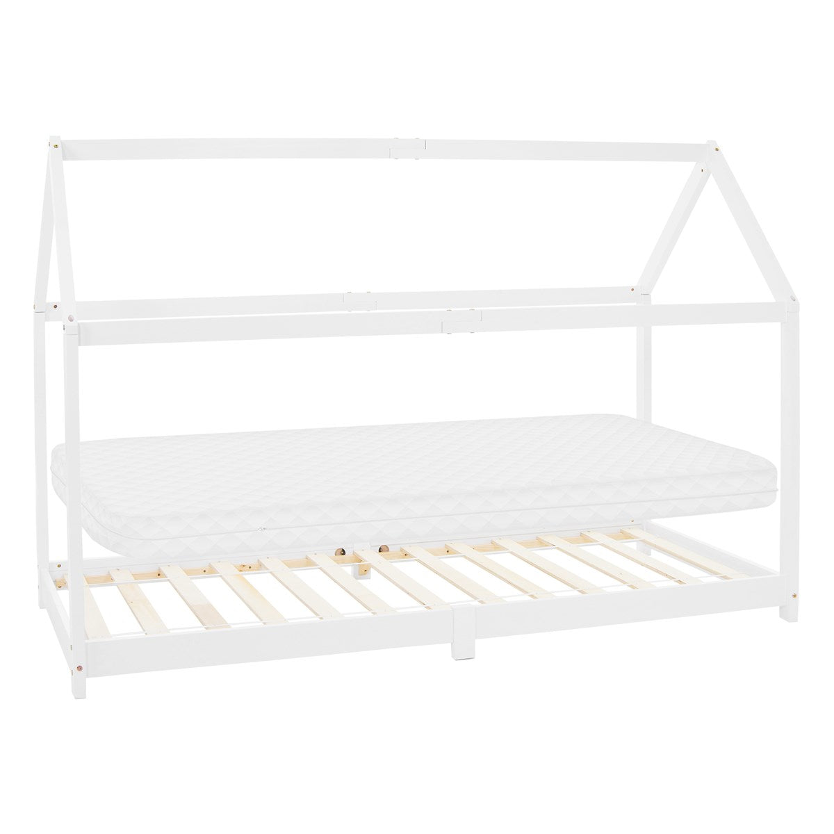 Weißes Kinderbett mit Matratze, auf einem slatted frame.