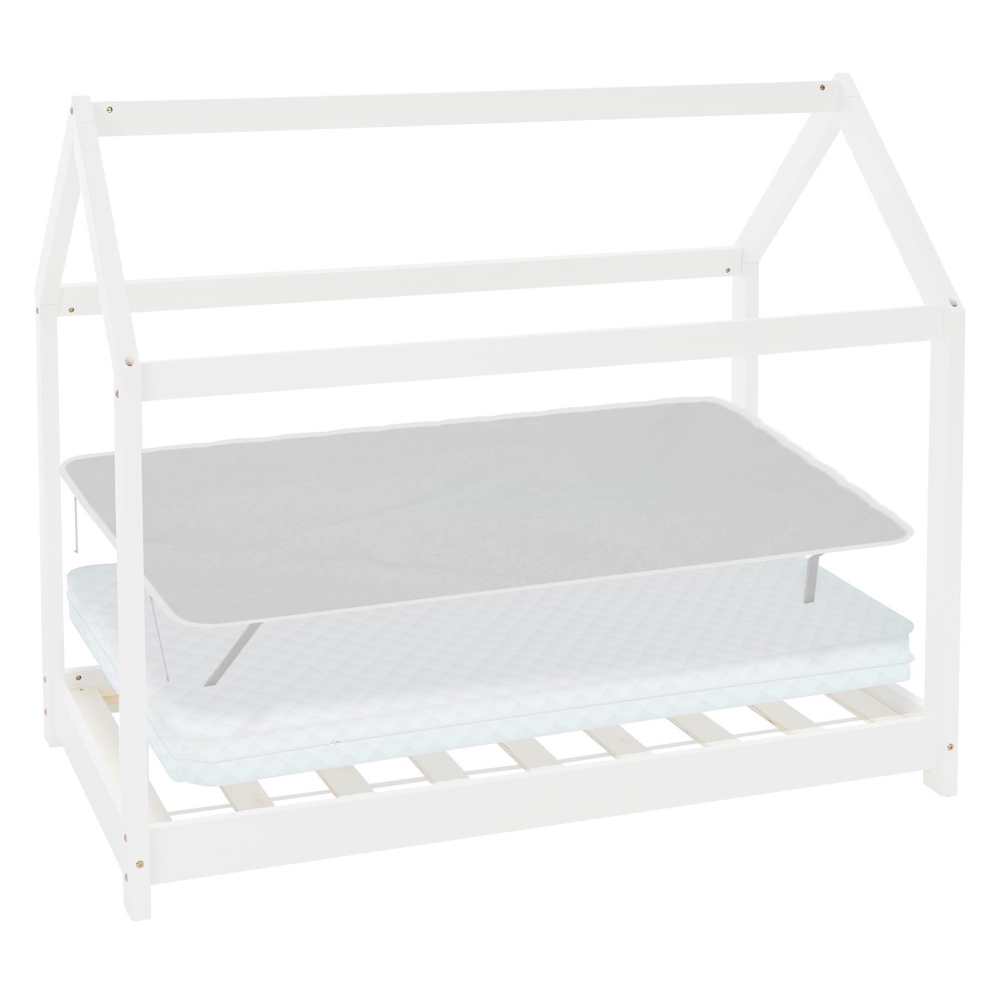 Wit kinderbed met matras en lattenbodem, in een lichte kamer.