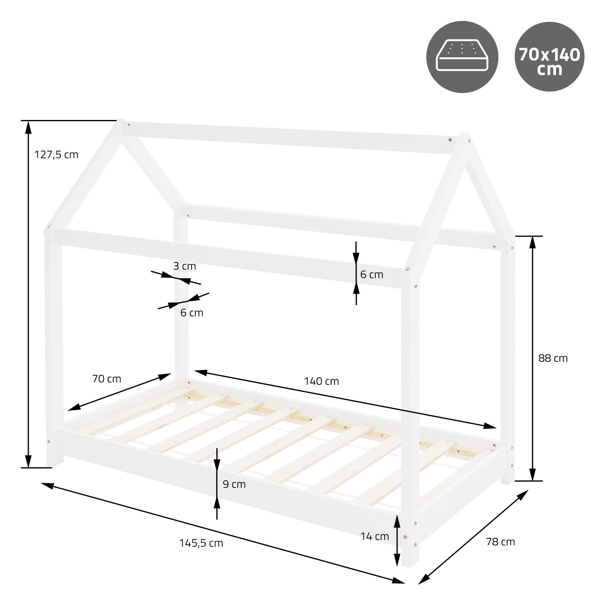 Maatekening voor een bedframe in huisvorm van 70x140 cm.
