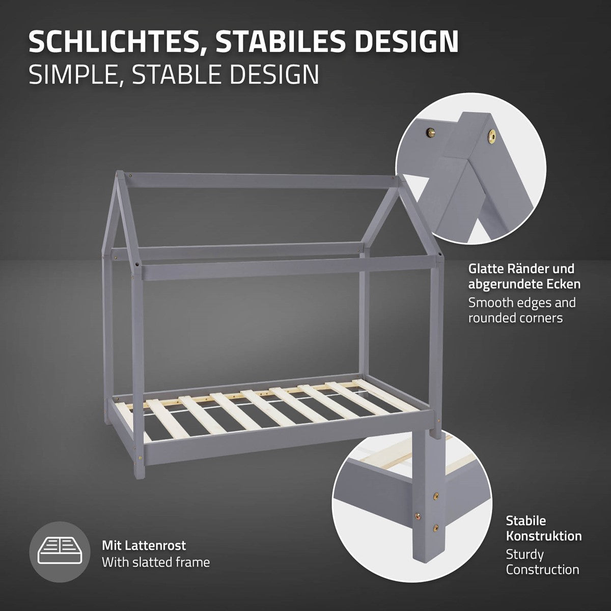 Bettgestell mit schlichten, stabilen Design und Lattenrost.