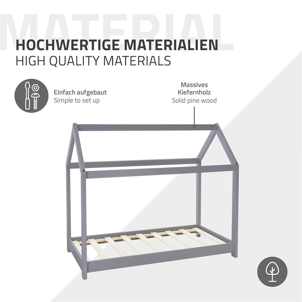 Holzgestell in Hausform, beschriftet mit Materialinformationen.