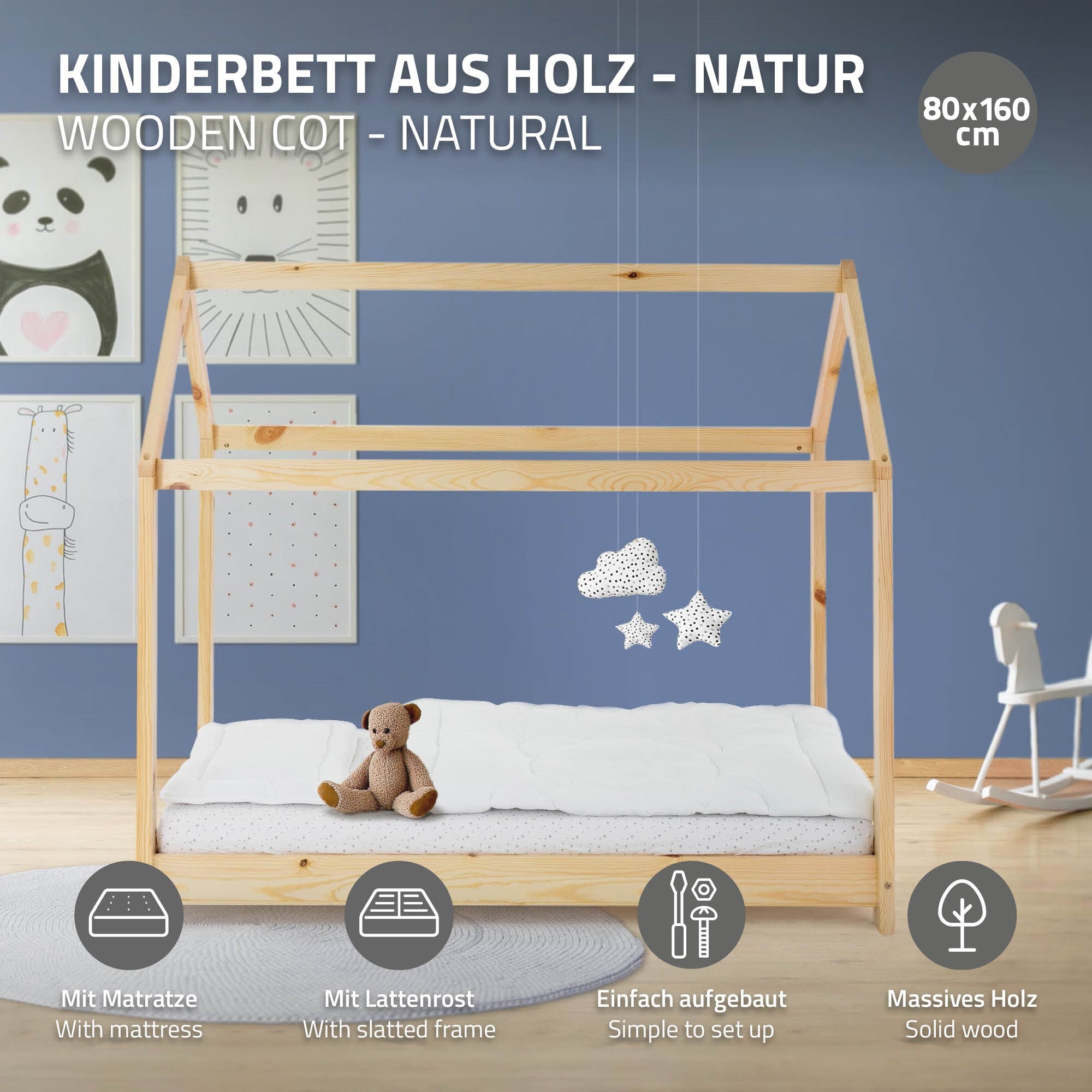 Holz-Kinderbett mit Matratze, Lattensystem und abgerundeten Ecken.