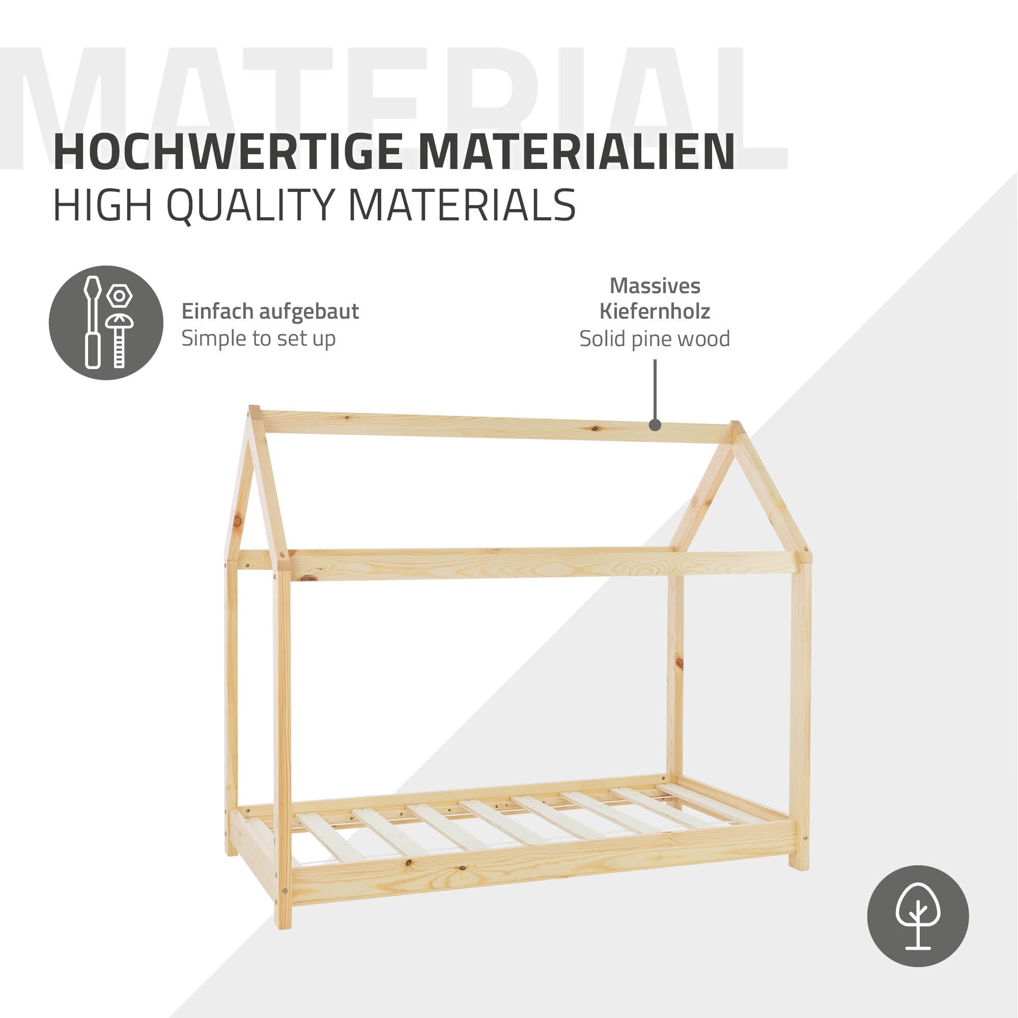 Holzgestell in Hausform, beschriftet mit Materialinformationen.