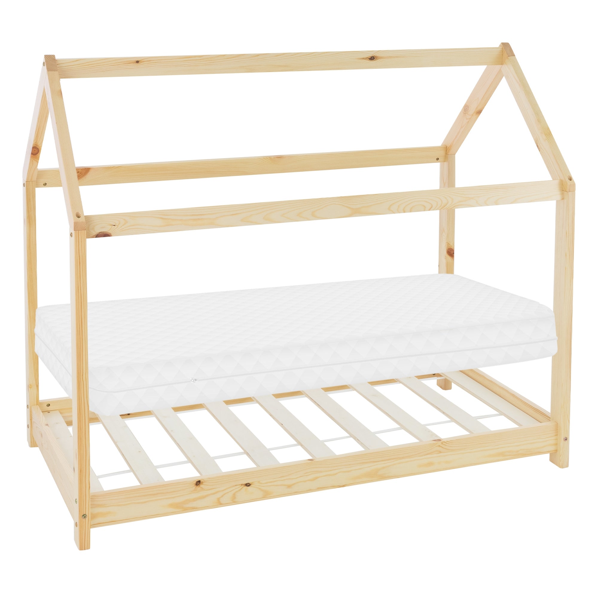 Holzgestell in Hausform mit Matratze, auf einem weißen Boden.
