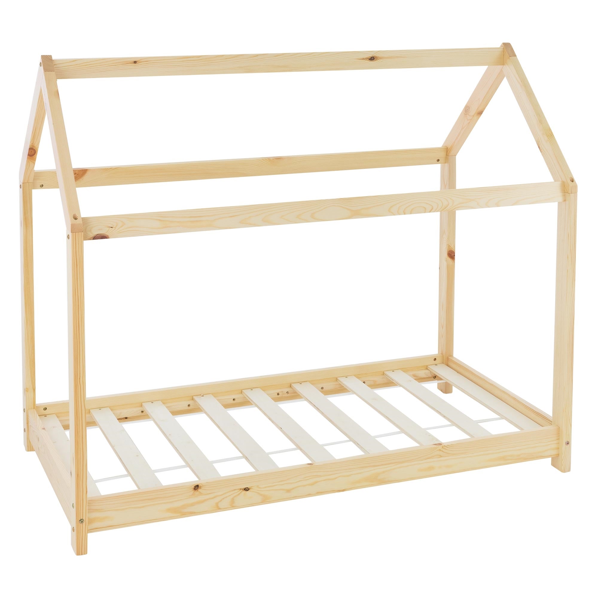 Holzgestell in Form eines Hauses, ohne Matratze, mit Lattenrost.