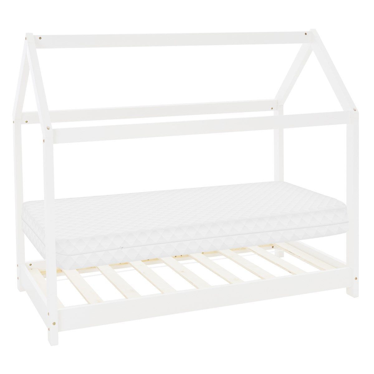 Ein weißes Kinderbett mit Matratze und slatted frame in einem hellen Raum.