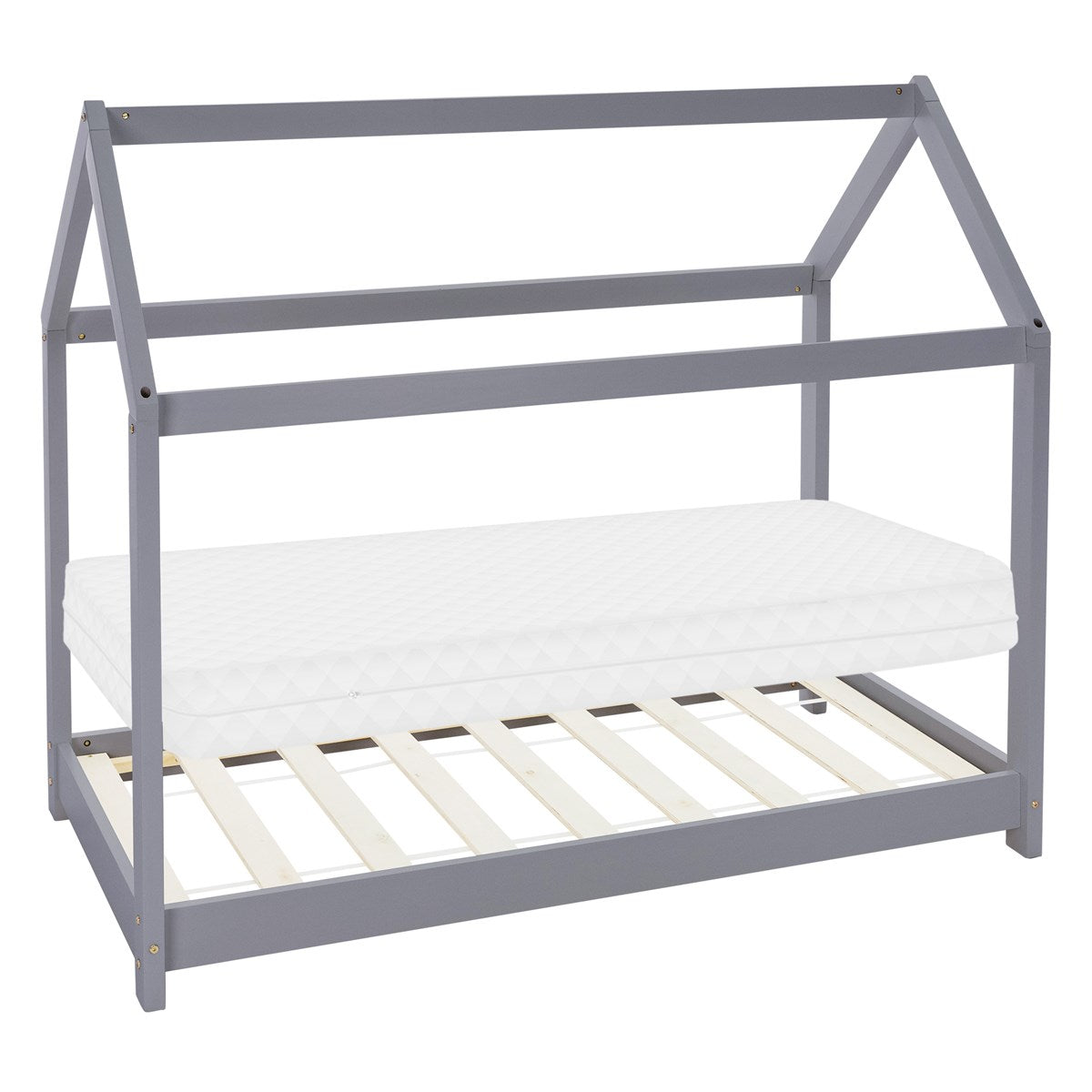 Gray-and-white bed frame with mattress and wooden slats.