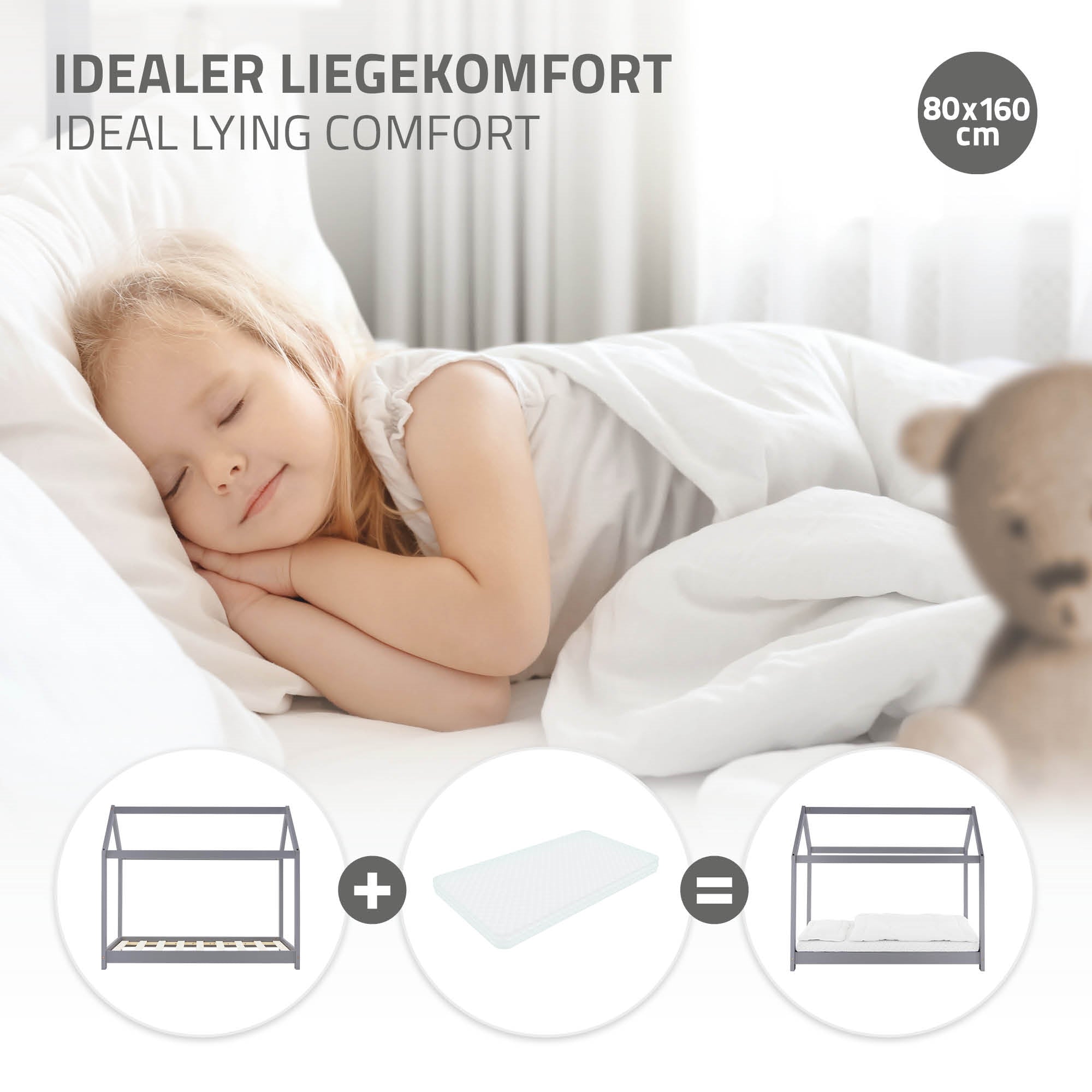 Schlafendes Kind im Bett mit einem Bären und einer Matratze.