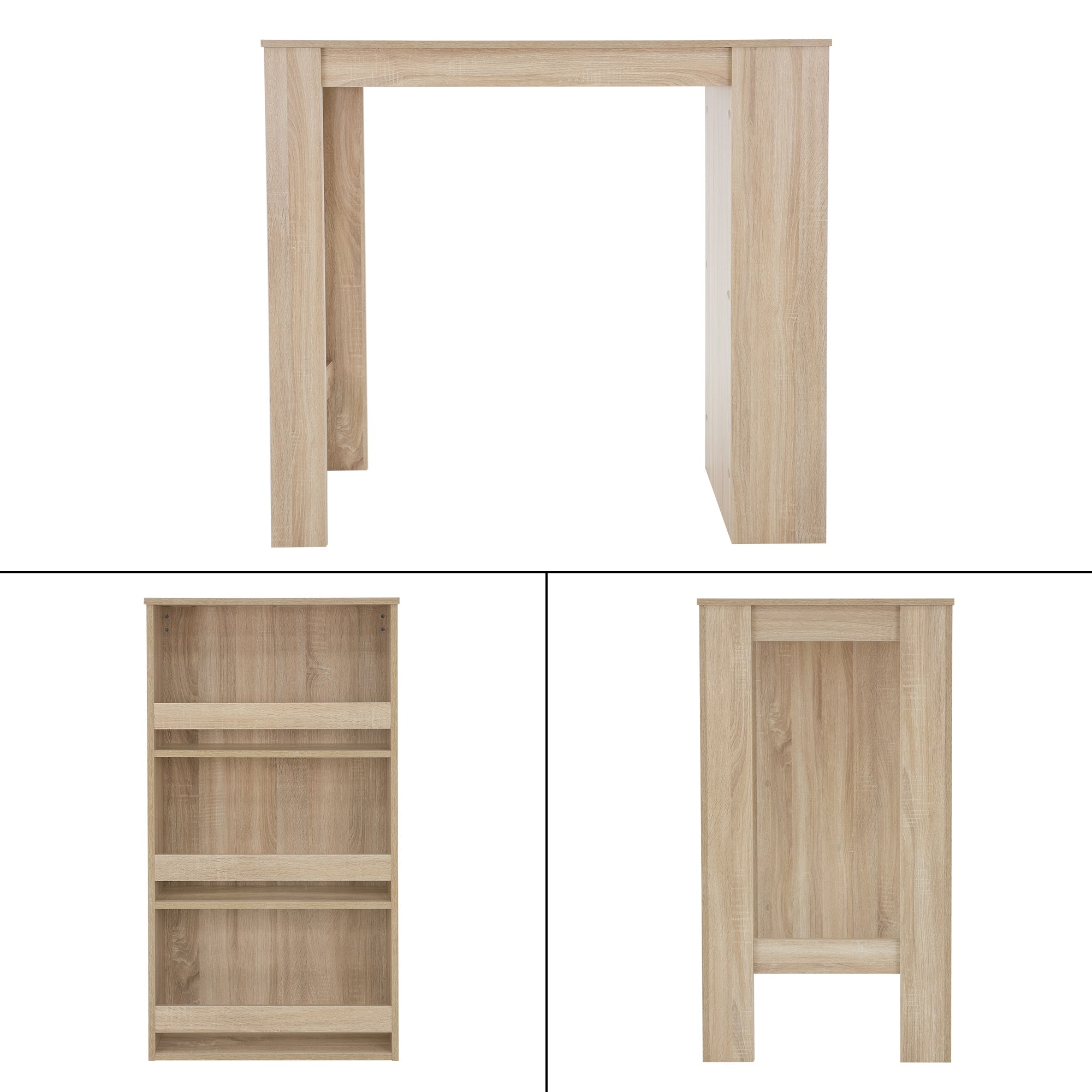 Holztisch in heller Farbe, verschiedene Ansichten des Tisches.