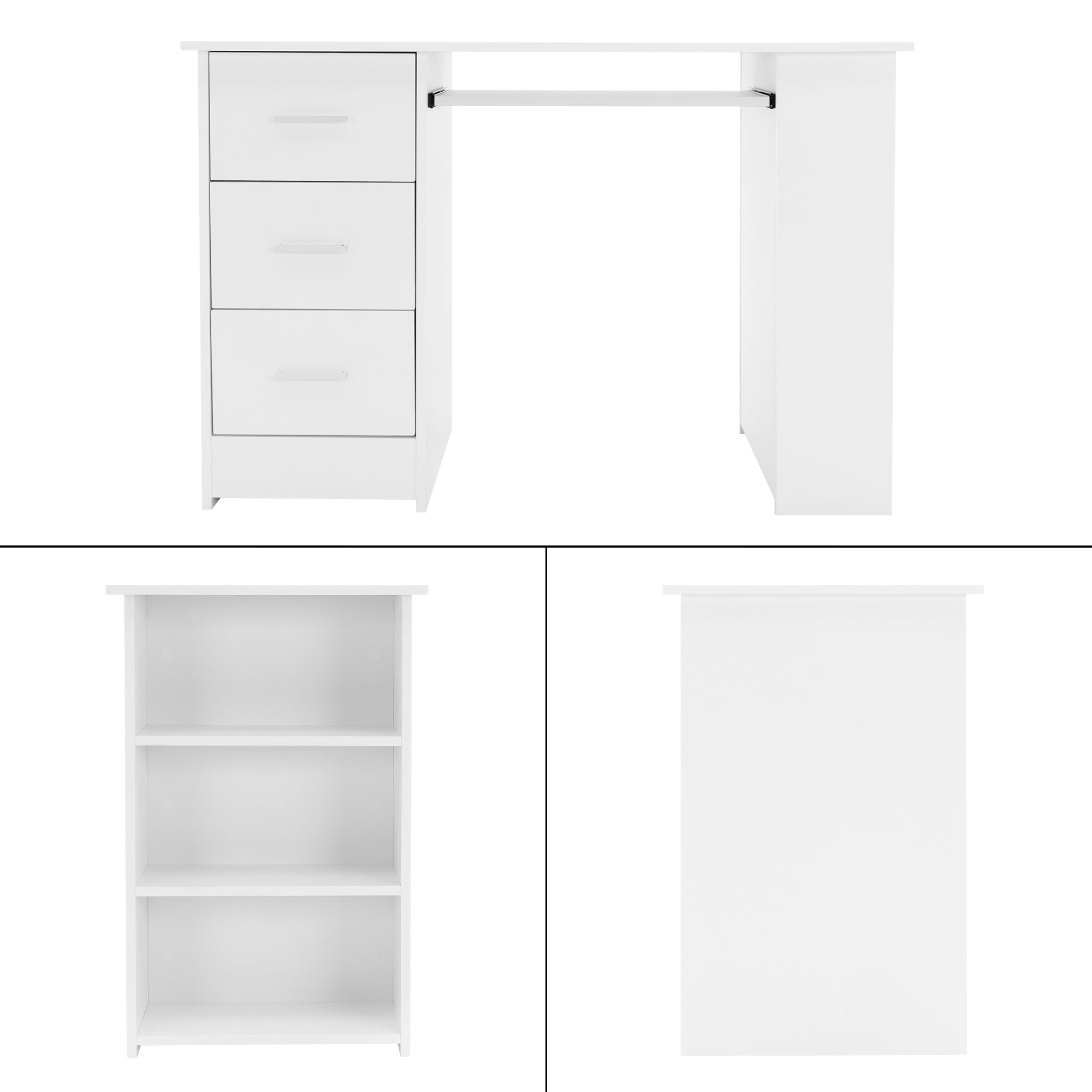 Weißer Schreibtisch mit drei Schubladen und offener Ablage.