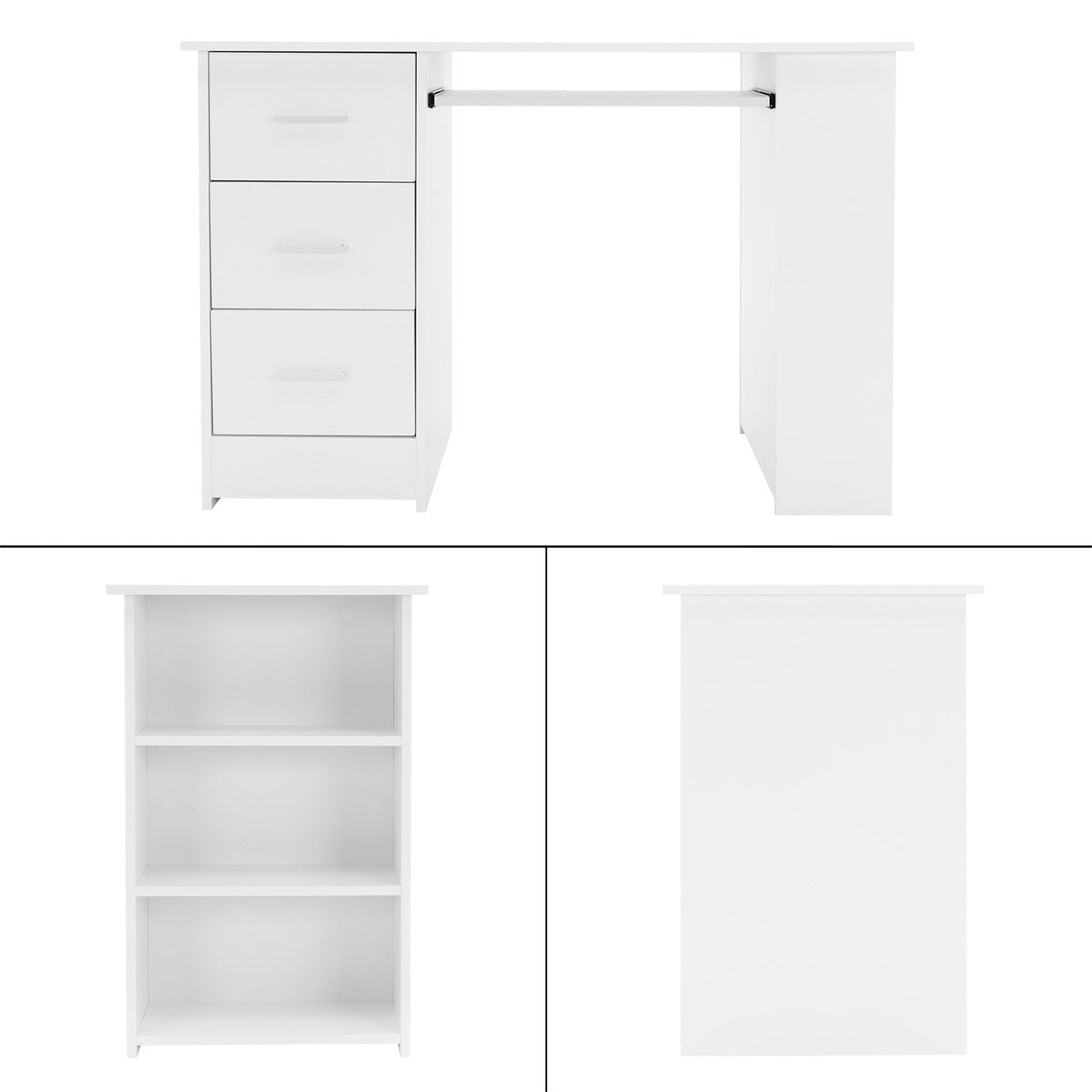 Weißer Schreibtisch mit drei Schubladen und offener Ablage.