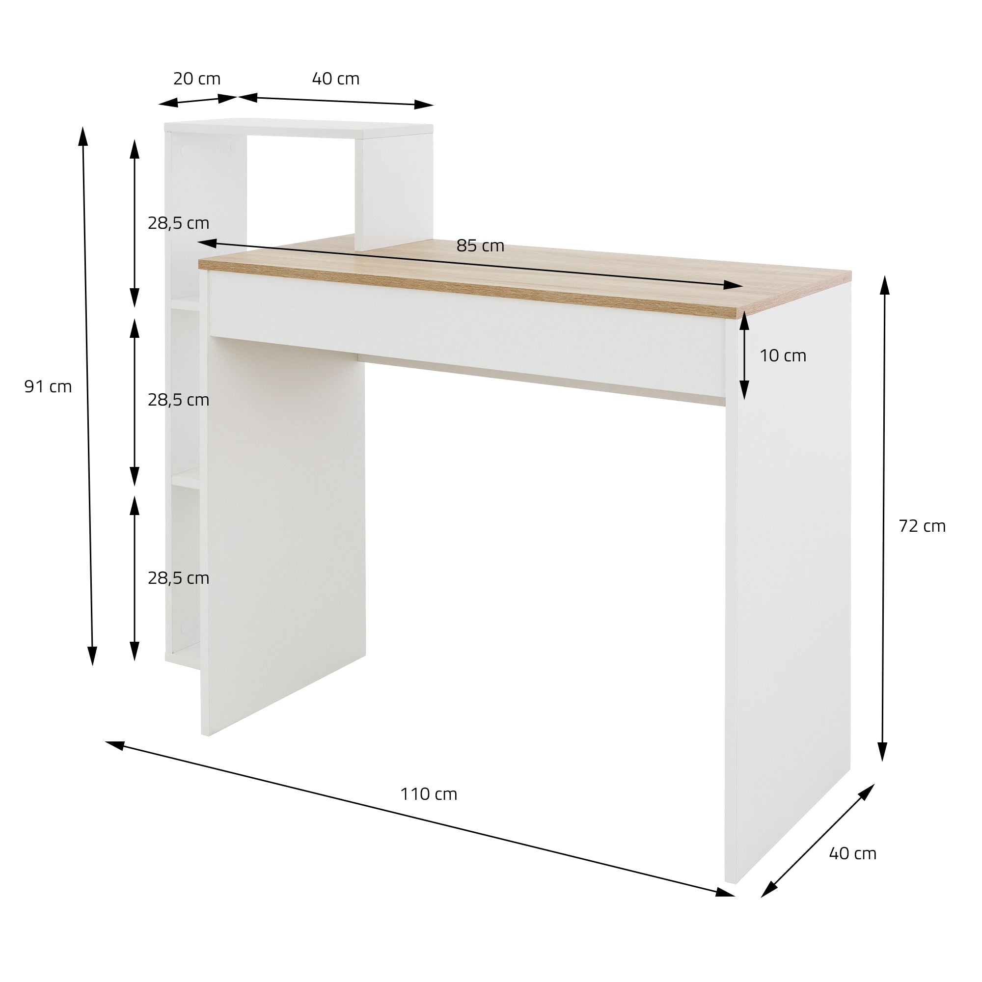 Weißer Schreibtisch mit Holzplatte, Maße und Details sind eingezeichnet.