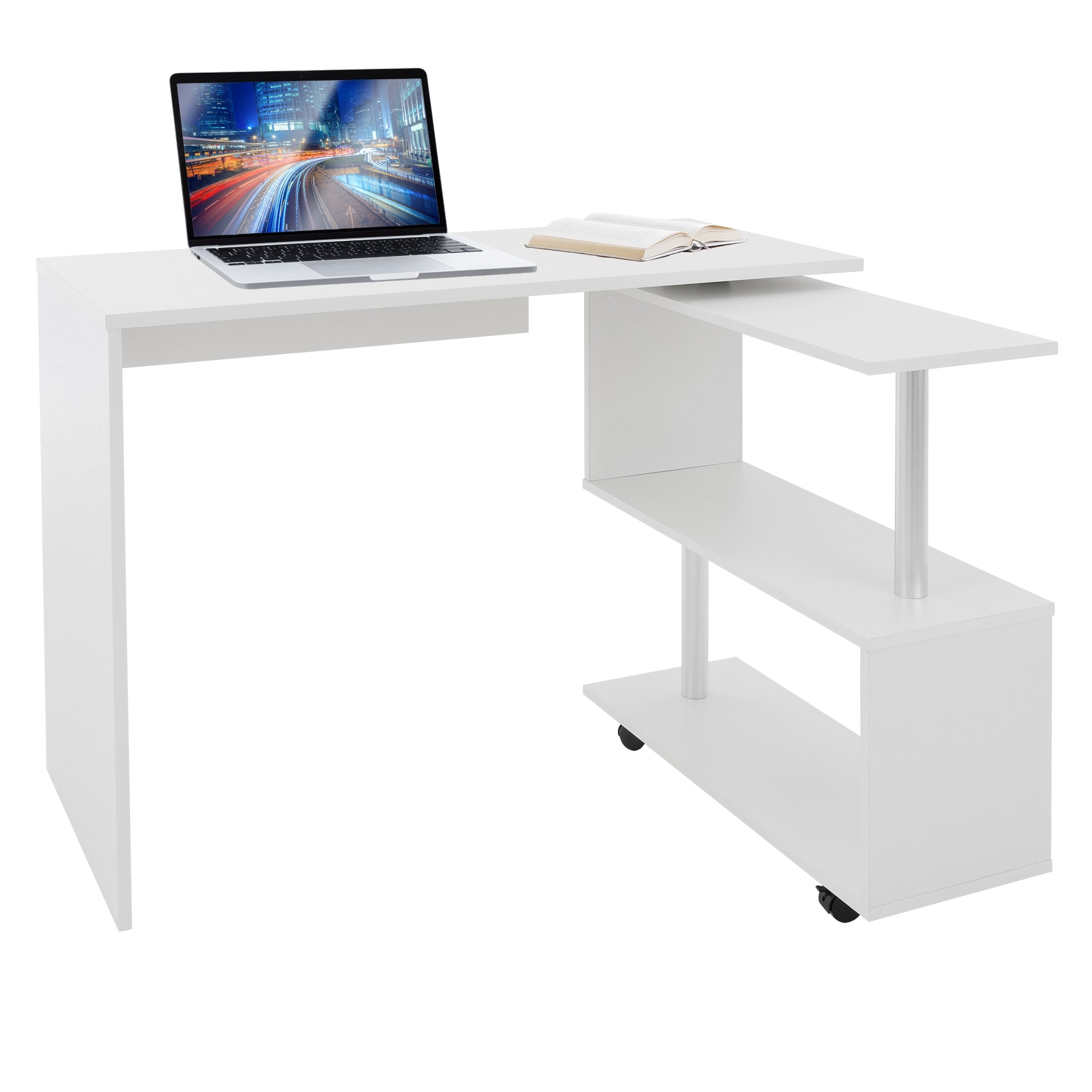 Weißer Schreibtisch mit Laptop und Notizbuch auf der Arbeitsfläche.