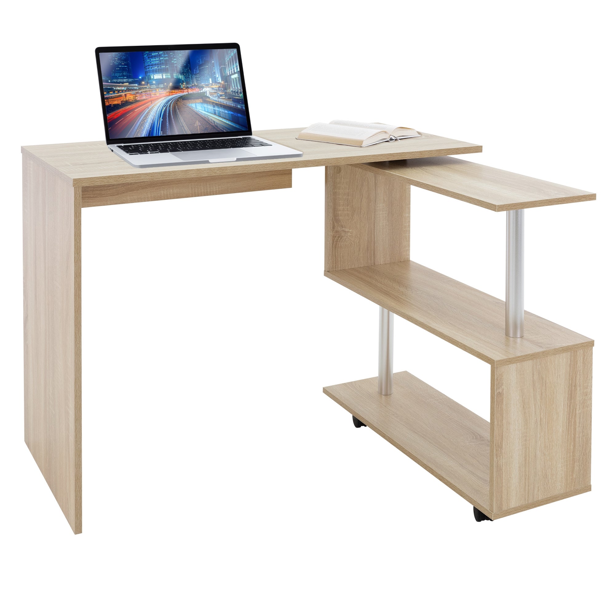 Holzfarbener Schreibtisch mit Laptop und Buch auf der Arbeitsfläche.