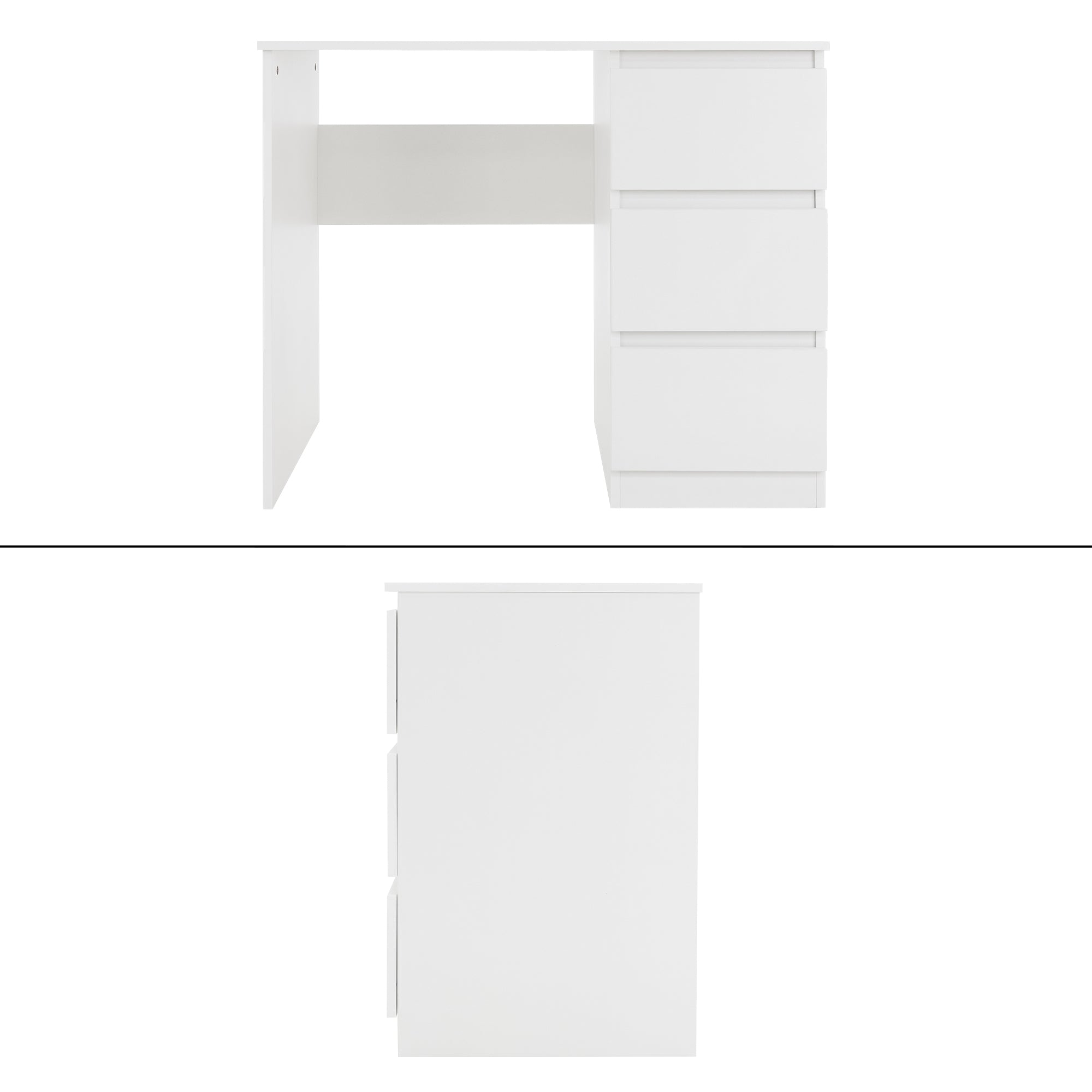Weißer Schreibtisch mit drei Schubladen und offenem Fach.