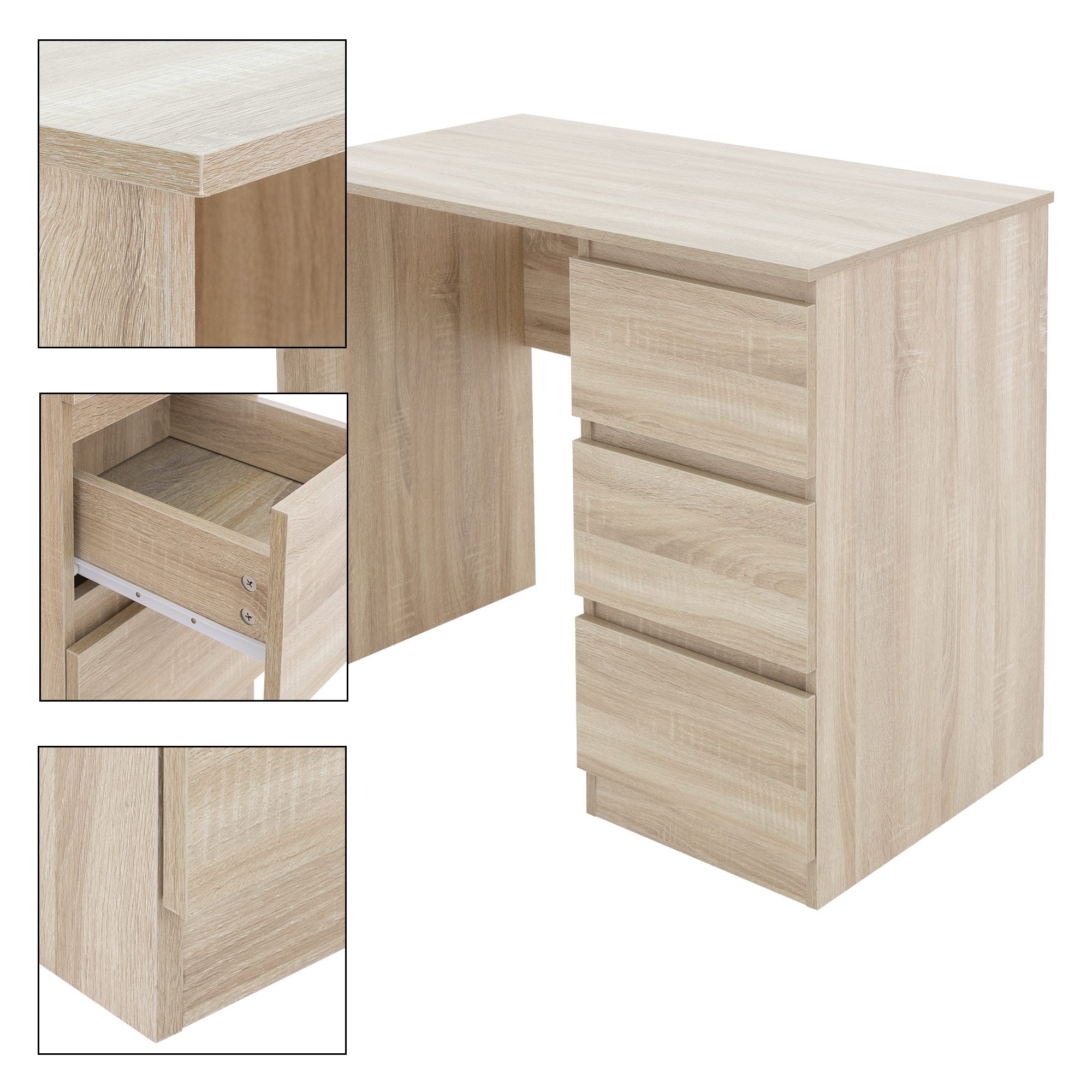 Bureau en bois avec trois tiroirs et espace de rangement ouvert.