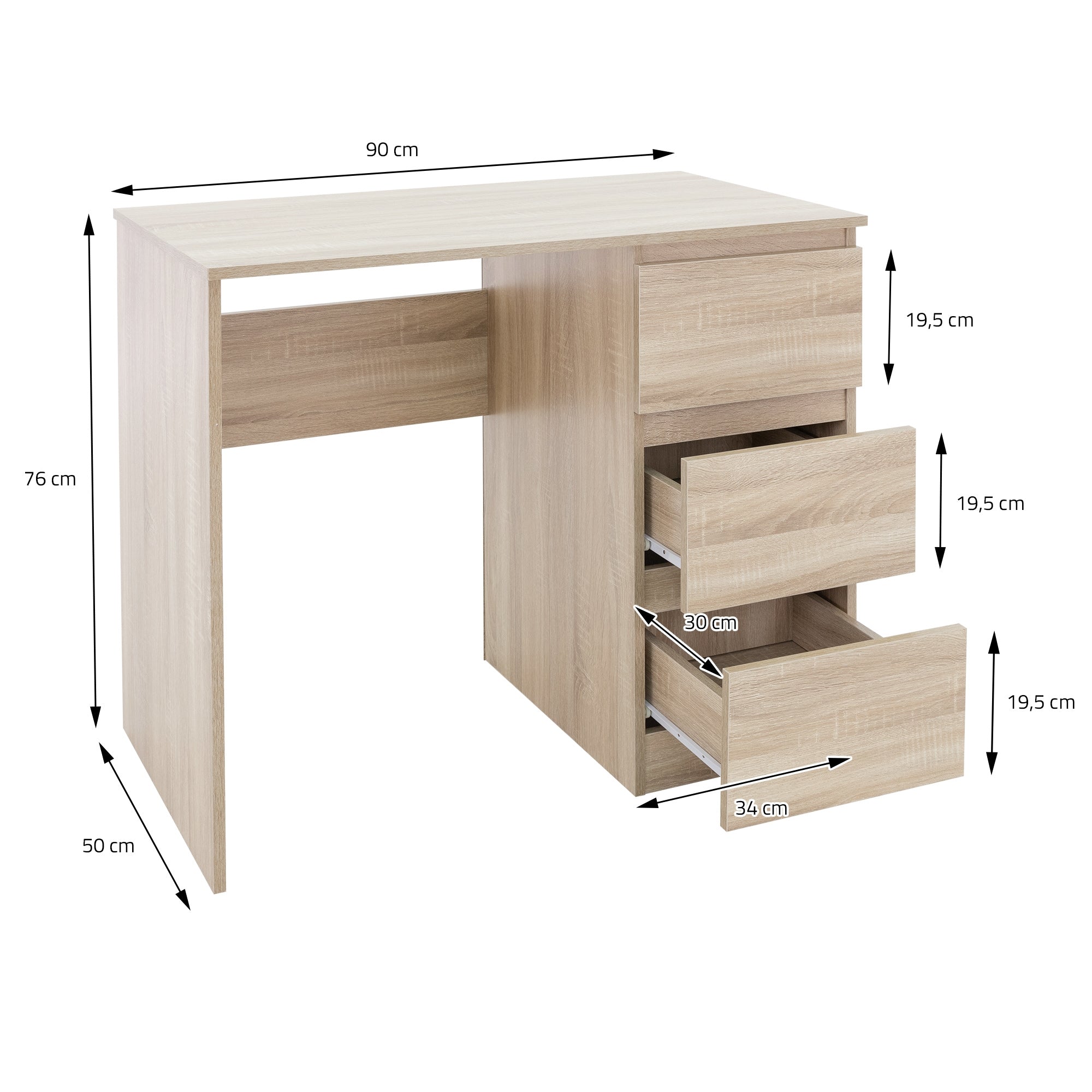 Bureau en bois clair avec trois tiroirs et indications de mesure.