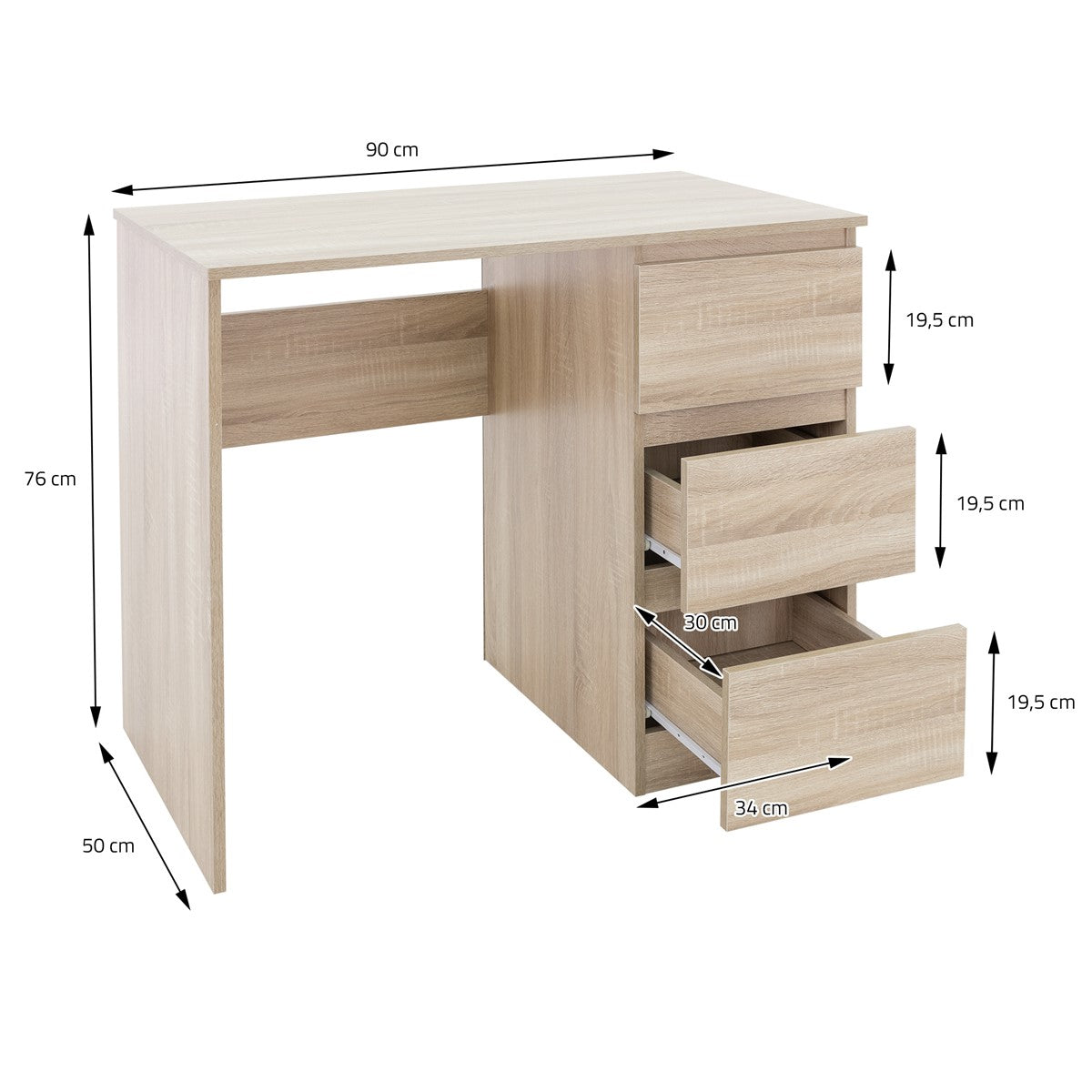 Schreibtisch aus hellem Holz mit drei Schubladen und Maßangaben.