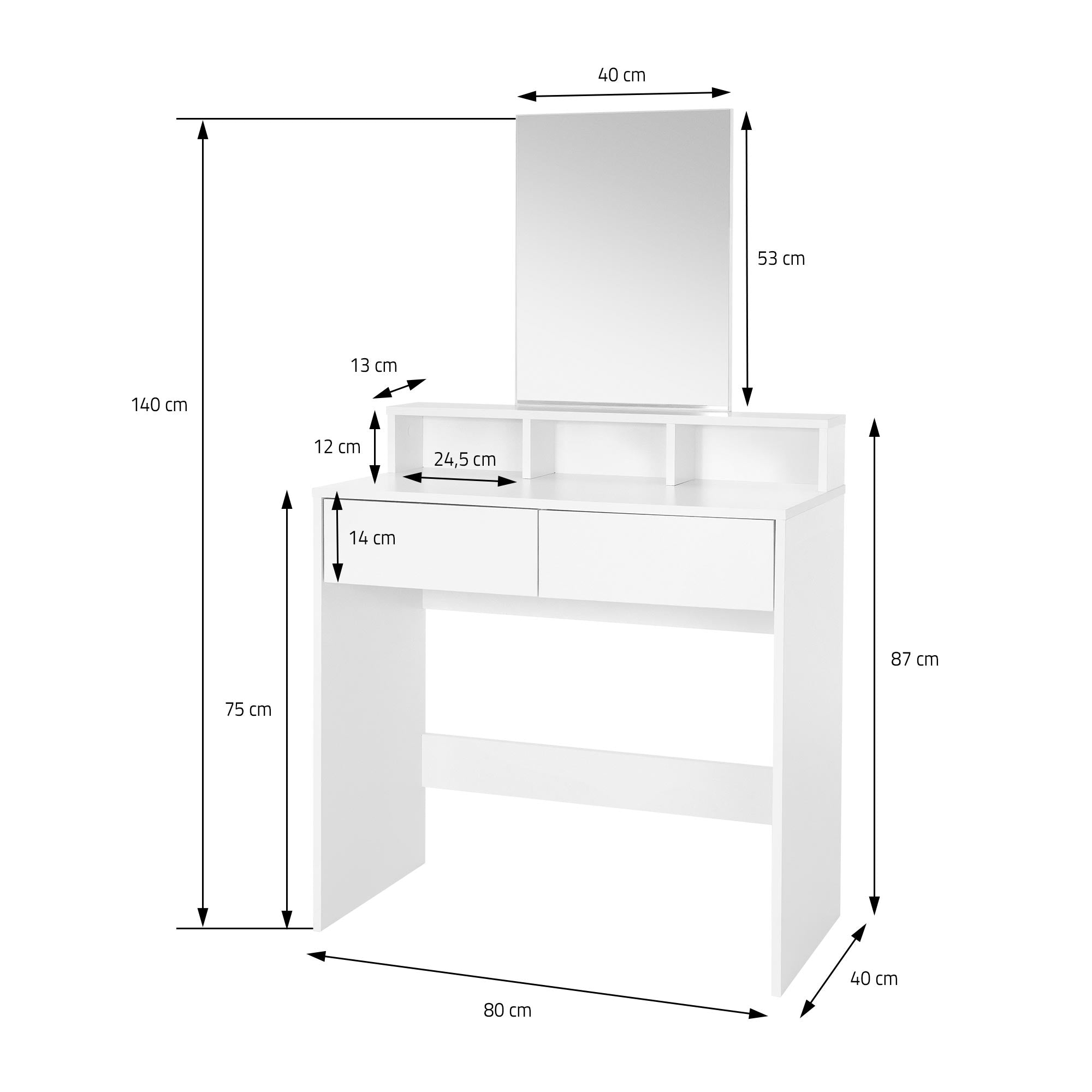 Dimension drawing of a white dressing table with mirror and drawers.