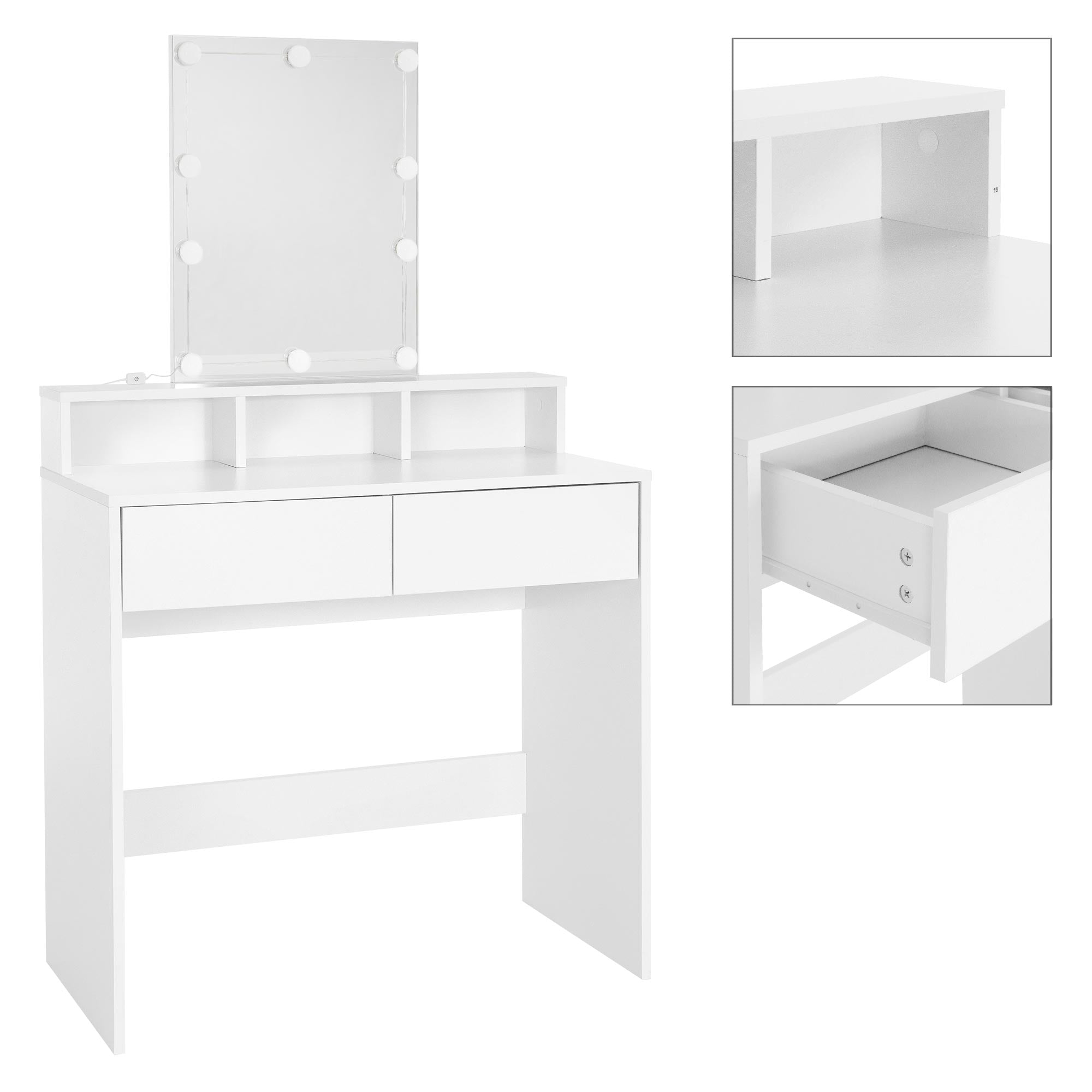 Dressing table with mirror, two drawers, and an open compartment.