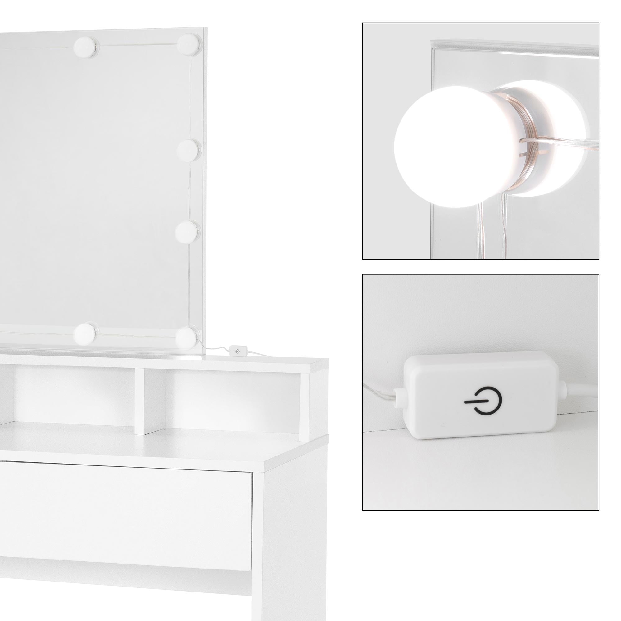 Mirror with lighting and switch, standing on a white chest of drawers.