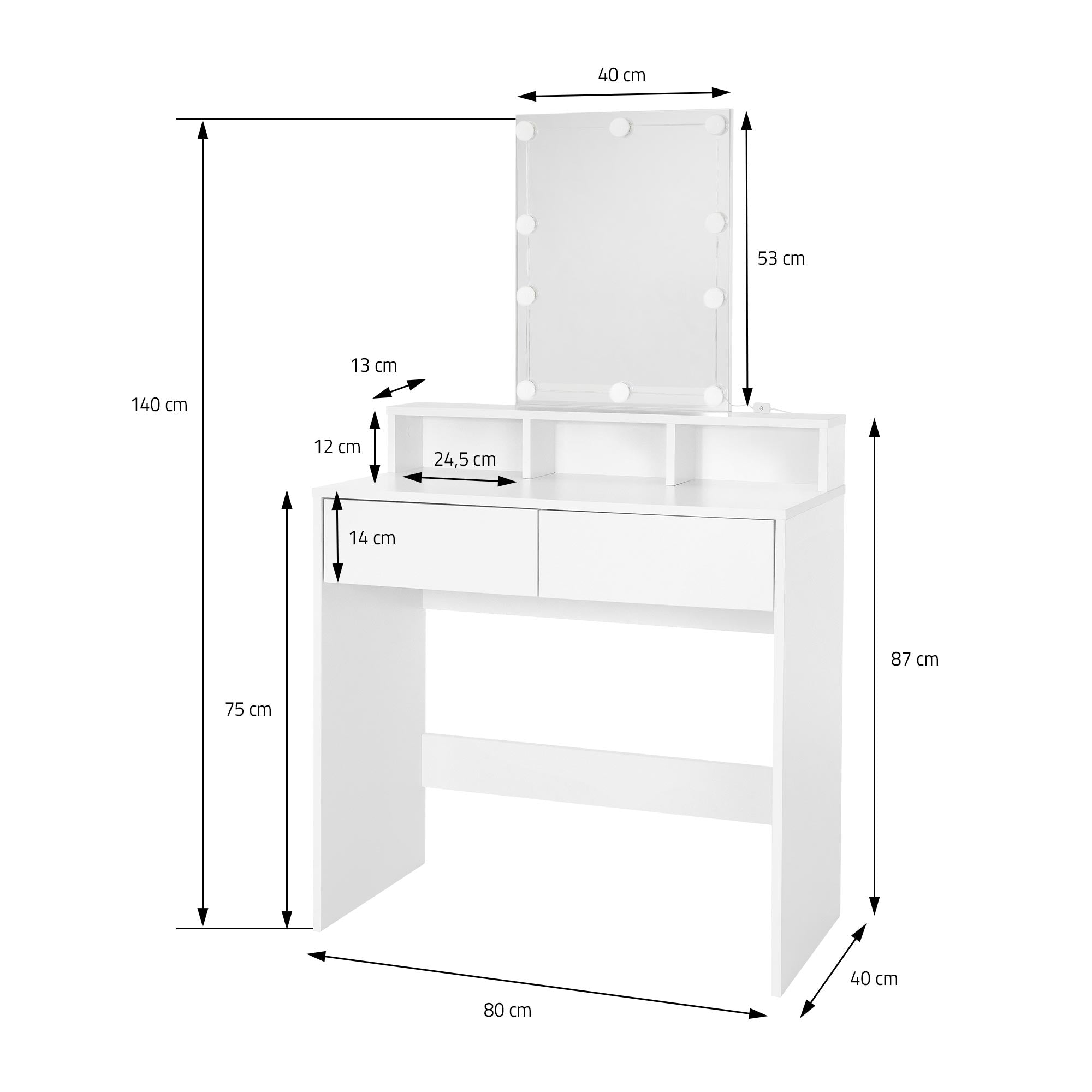 Dimension drawing of a dressing table with mirror and drawers.