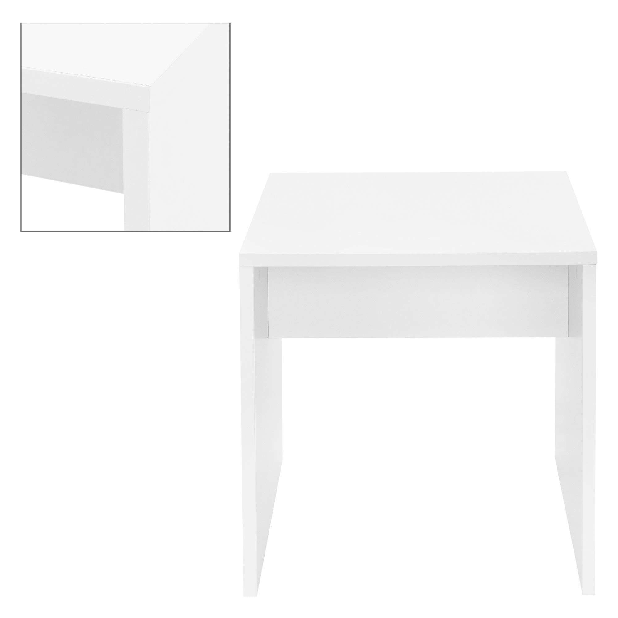 Ein weißer Tisch mit einer Schublade und einem quadratischen Design.