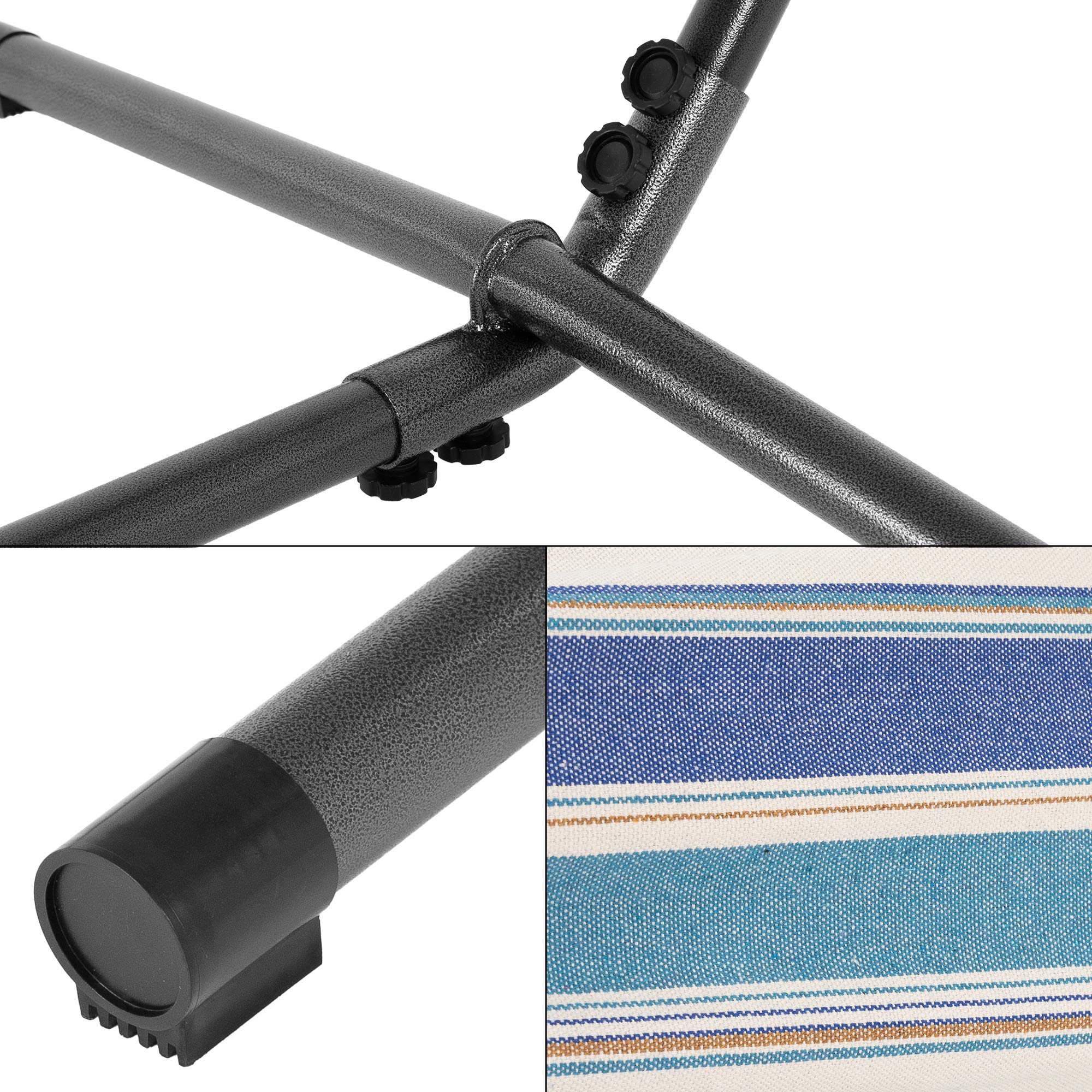 Detailaufnahme eines Tischgestells mit schwarzen Rohren und einer gestreiften Sitzfläche.