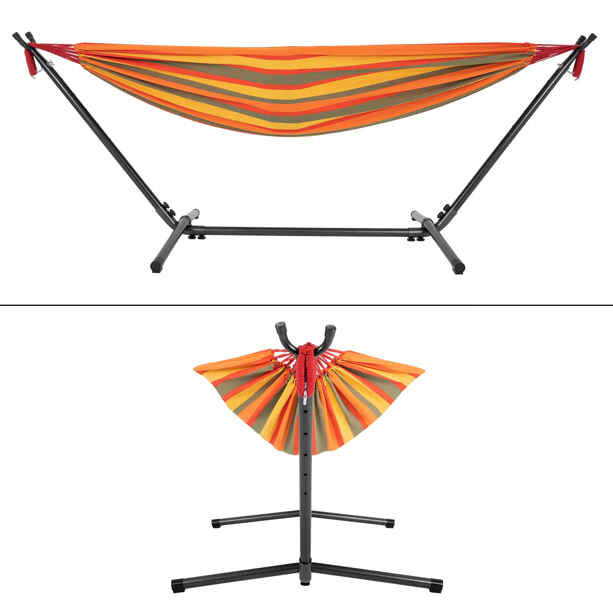 Hammock in orange and green, mounted on a frame.