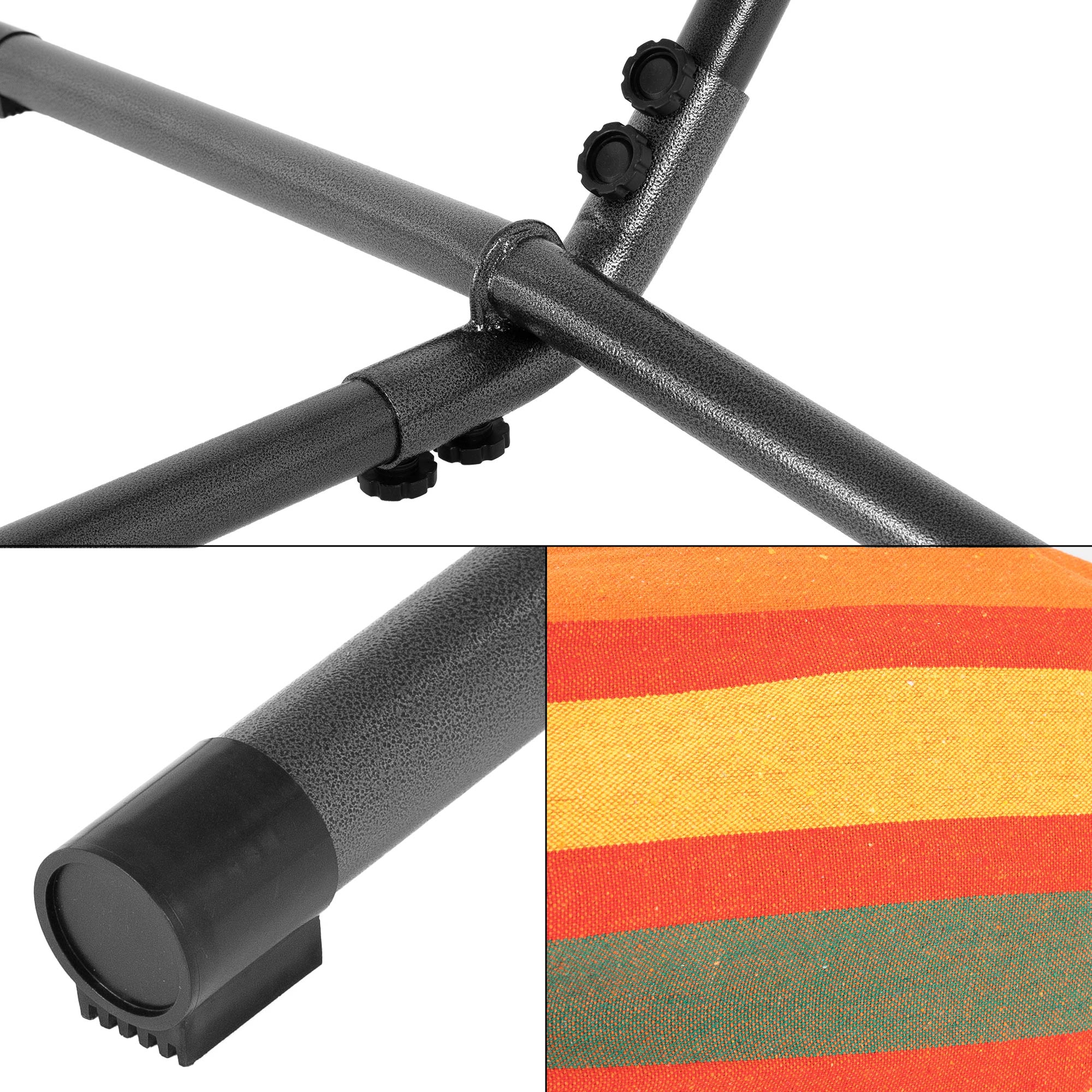 Close-up of a table frame with black pipes and a colorful seat.