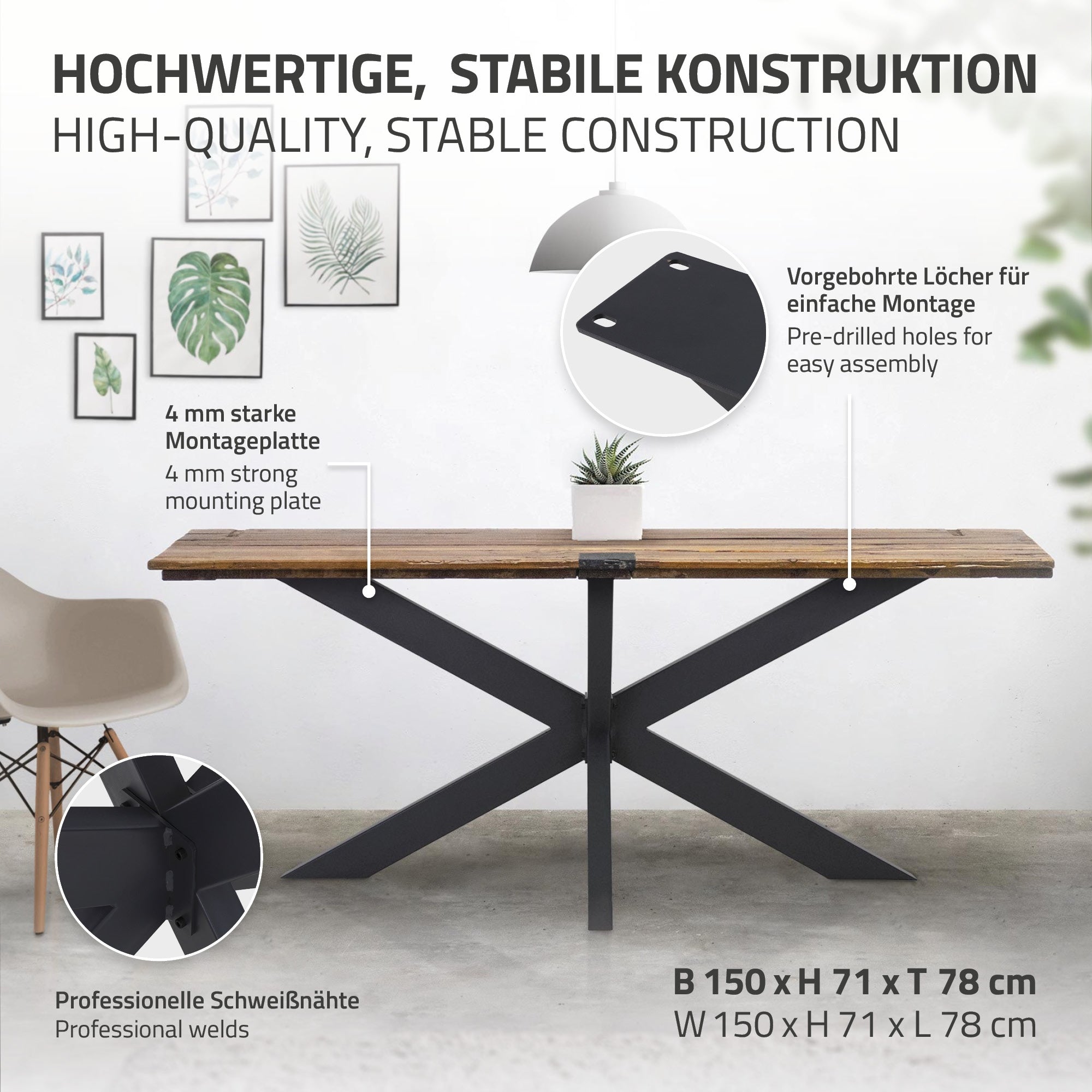 Tisch mit stabiler Konstruktion, Holzplatte und X-förmigem Metallgestell.