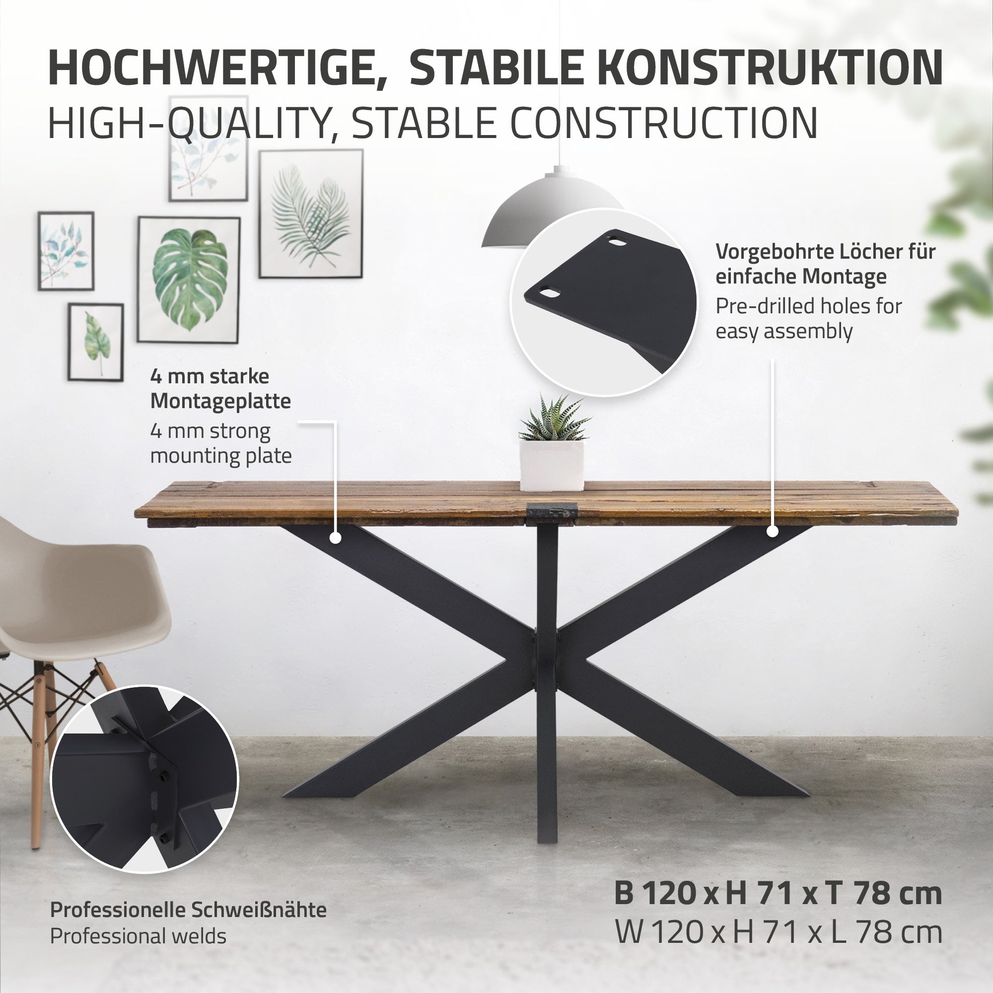 Tisch mit stabiler Konstruktion und vorgebohrten Löchern für Montage.