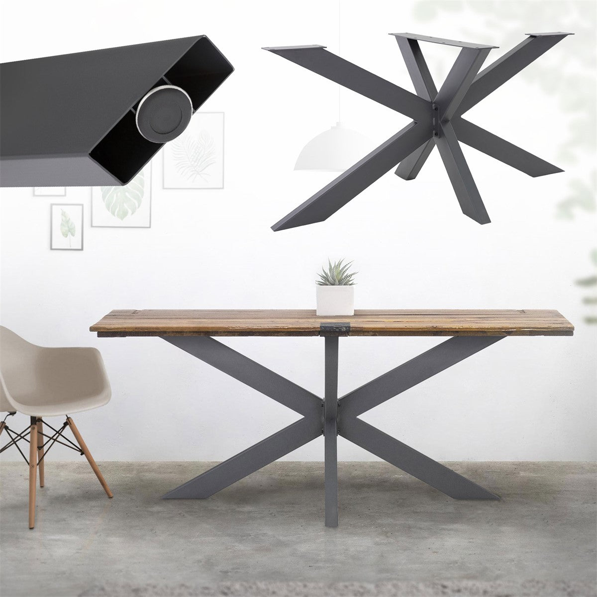 Mesa com estrutura em forma de X e plantas sobre o tampo.