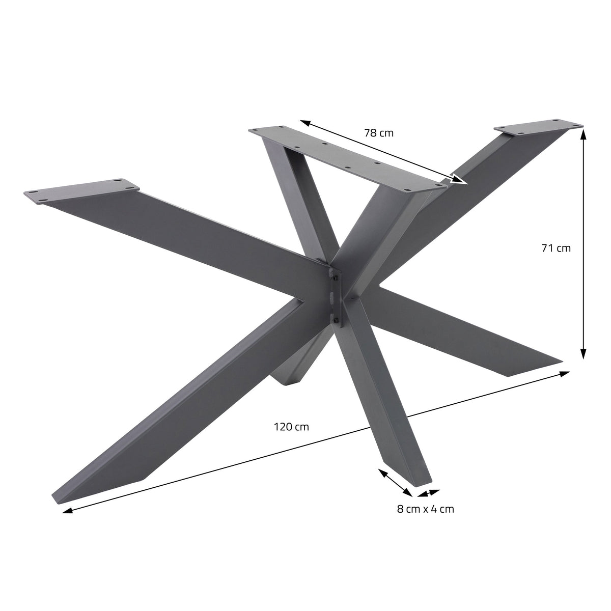 Struttura del tavolo con gambe a forma di X, misure: 120 cm di larghezza, 71 cm di altezza, profilo 8x4 cm.
